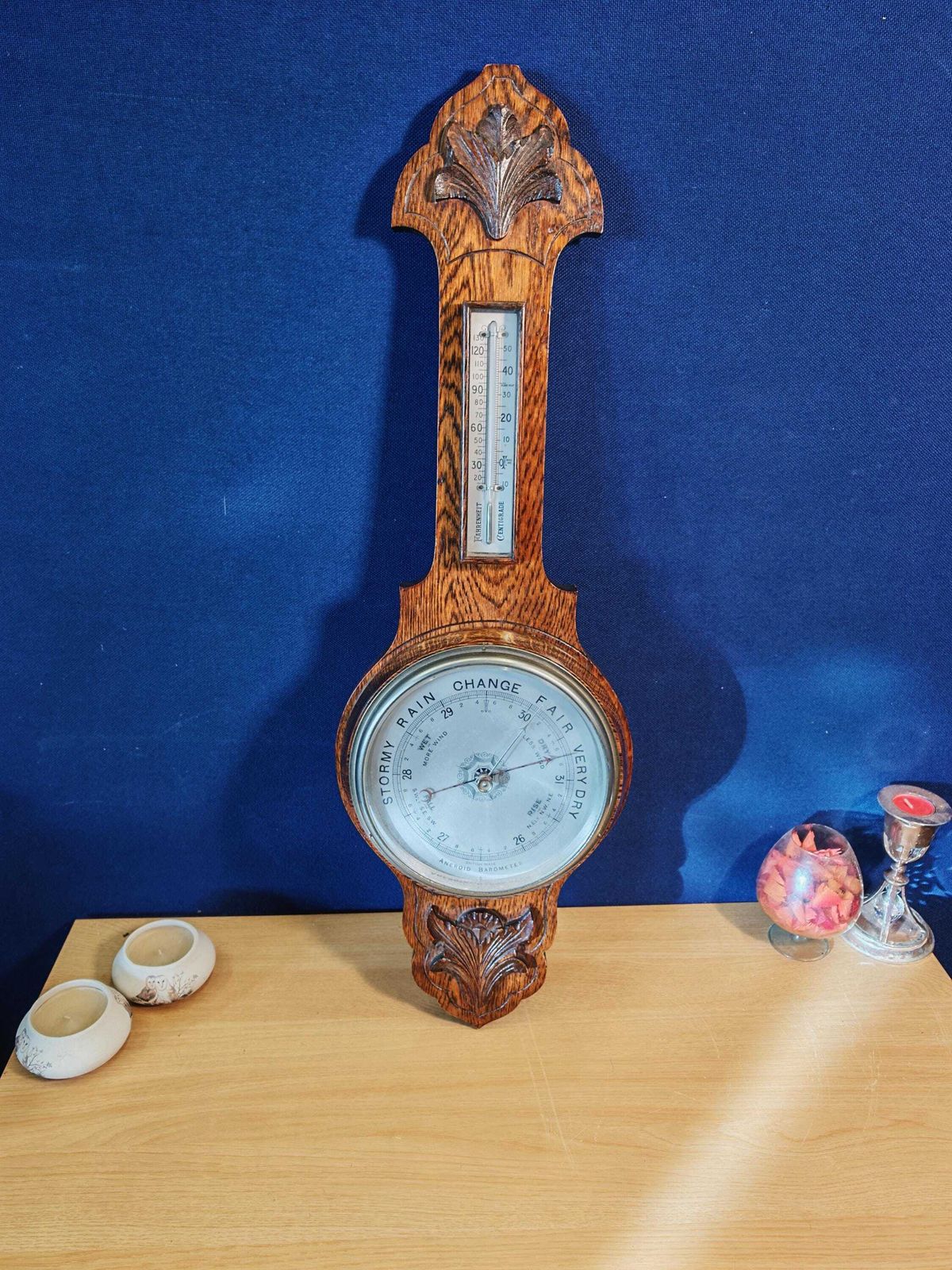 Antique Large Oak Aneroid Wall Barometer, Working. Early Mid 20th Century   Heavy