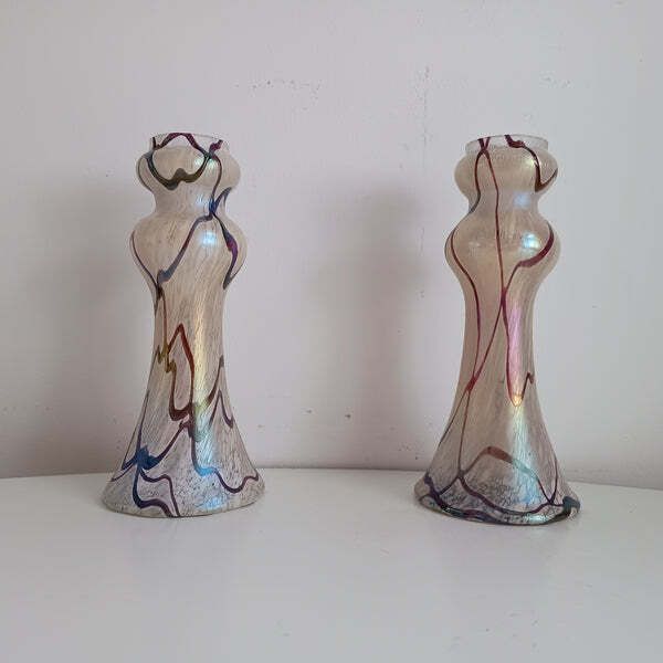 Pair Of Art Nouveau Oil Spot Iridescent Lustre Vases By Rindskopf  Missing Silver Collars photo buy