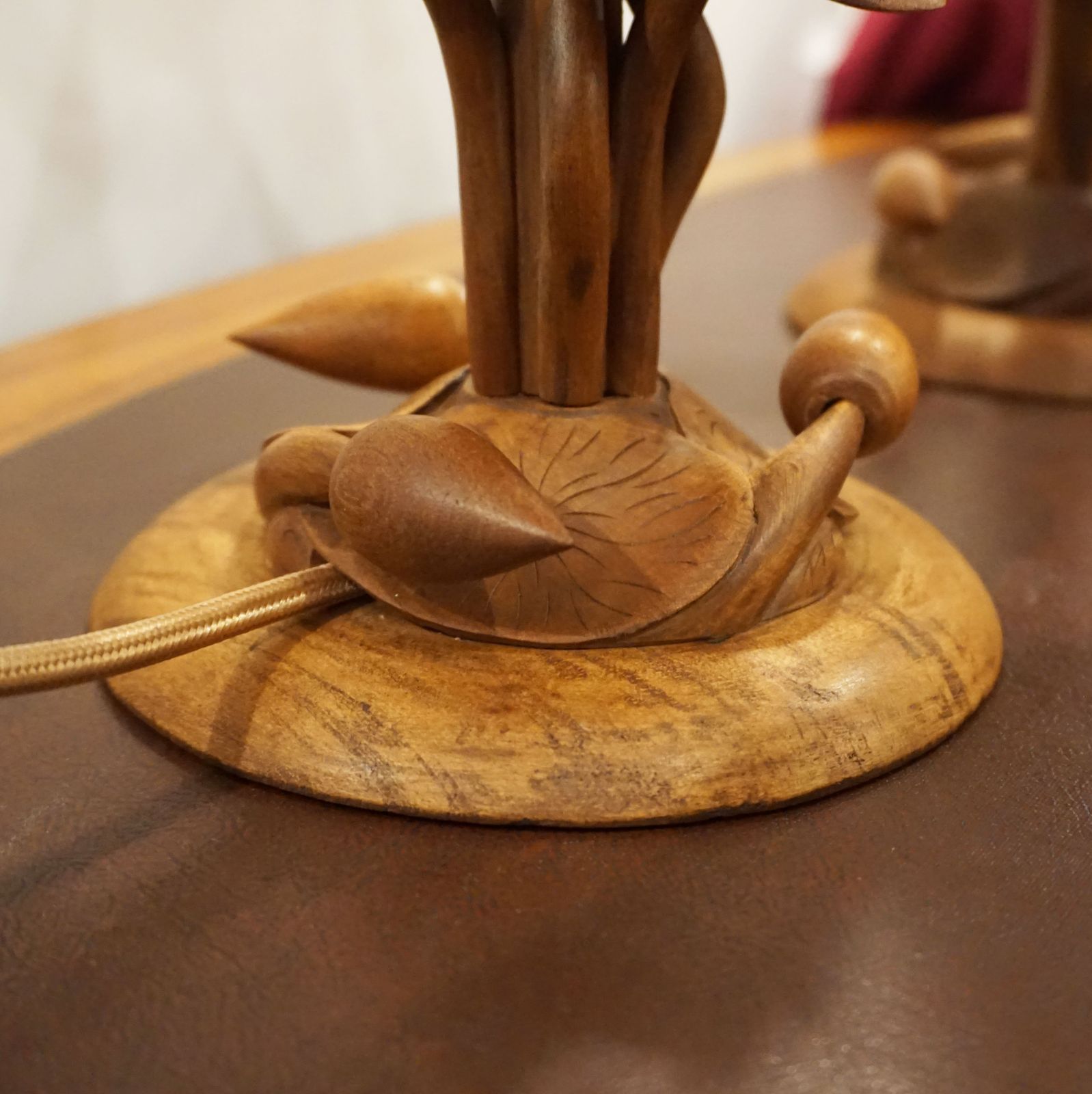 245.0 Mid Century Teak Pair Lotus Lamps X2 Pair Thai Indonesian Handmade Ooak Design photo