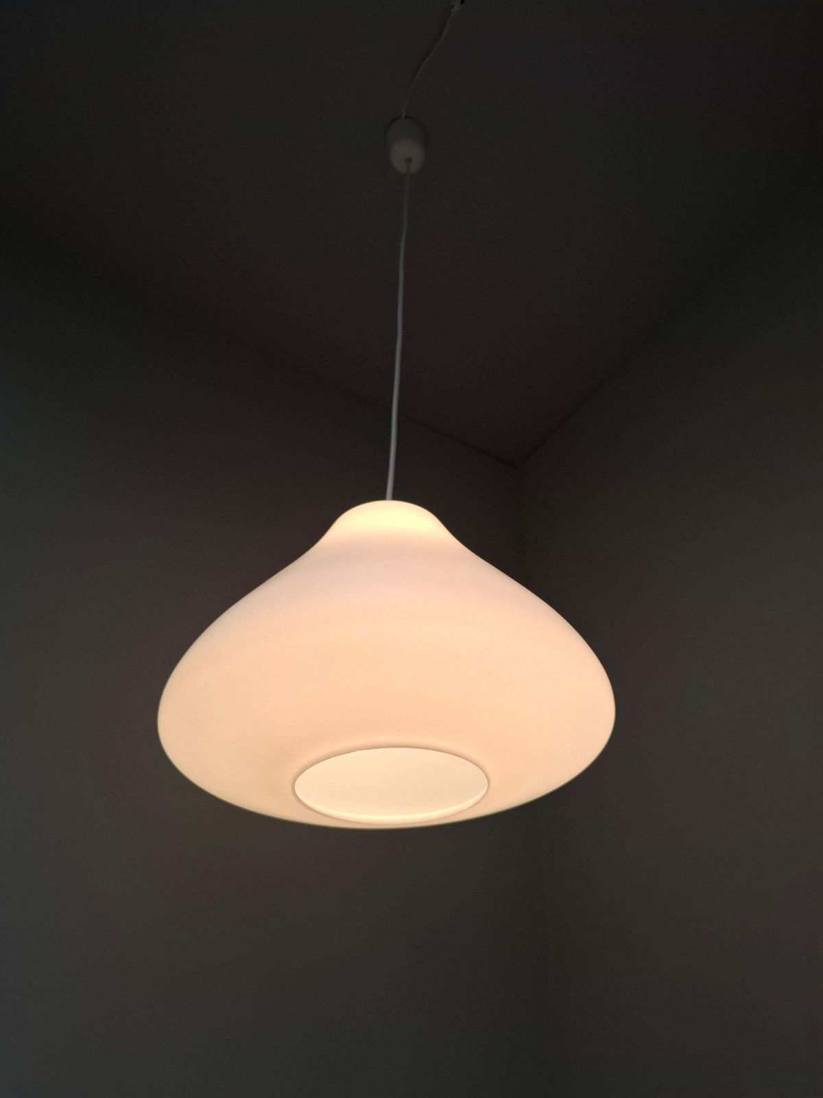 Czechoslovak Midcentury Modern Pendant Light In Opaline Glass And Plastic, 1970s photo vinterior