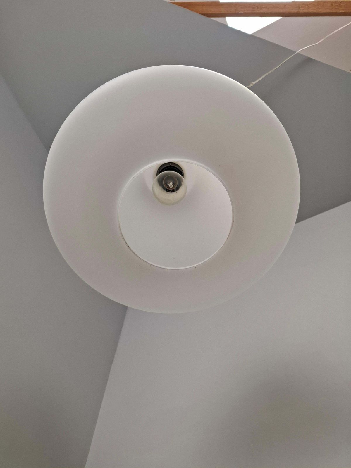 Czechoslovak Midcentury Modern Pendant Light In Opaline Glass And Plastic, 1970s photo vintage