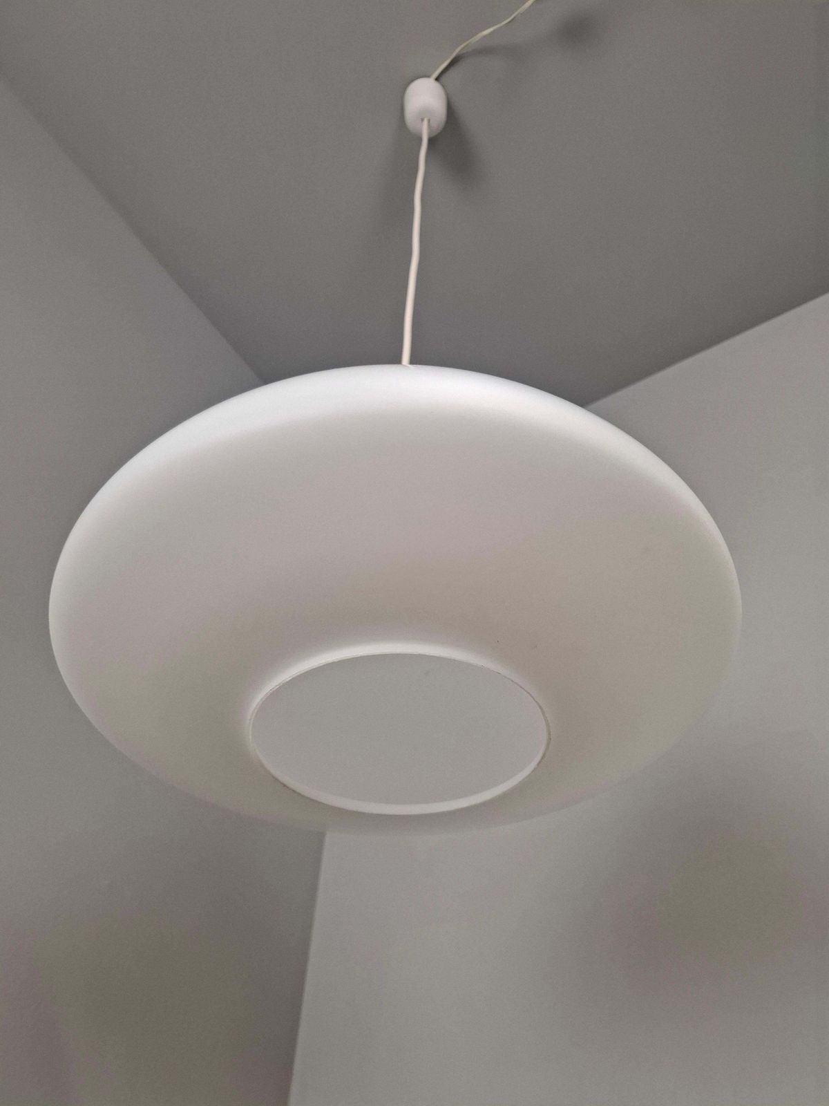 photo furniture Czechoslovak Midcentury Modern Pendant Light In Opaline Glass And Plastic, 1970s