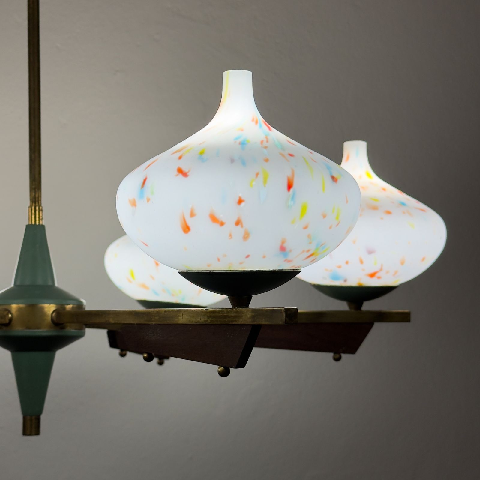Mid Century Stilnovo Chandelier With Teak And Murano Glass, Italy 1940 50s photo 1660.0