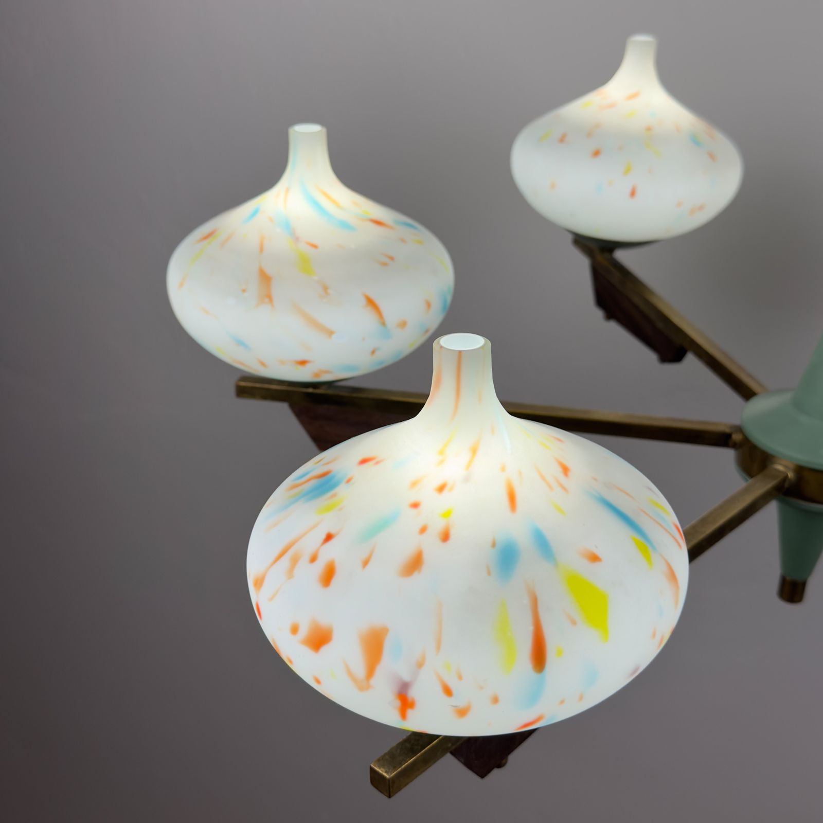 photo for sale Mid Century Stilnovo Chandelier With Teak And Murano Glass, Italy 1940 50s