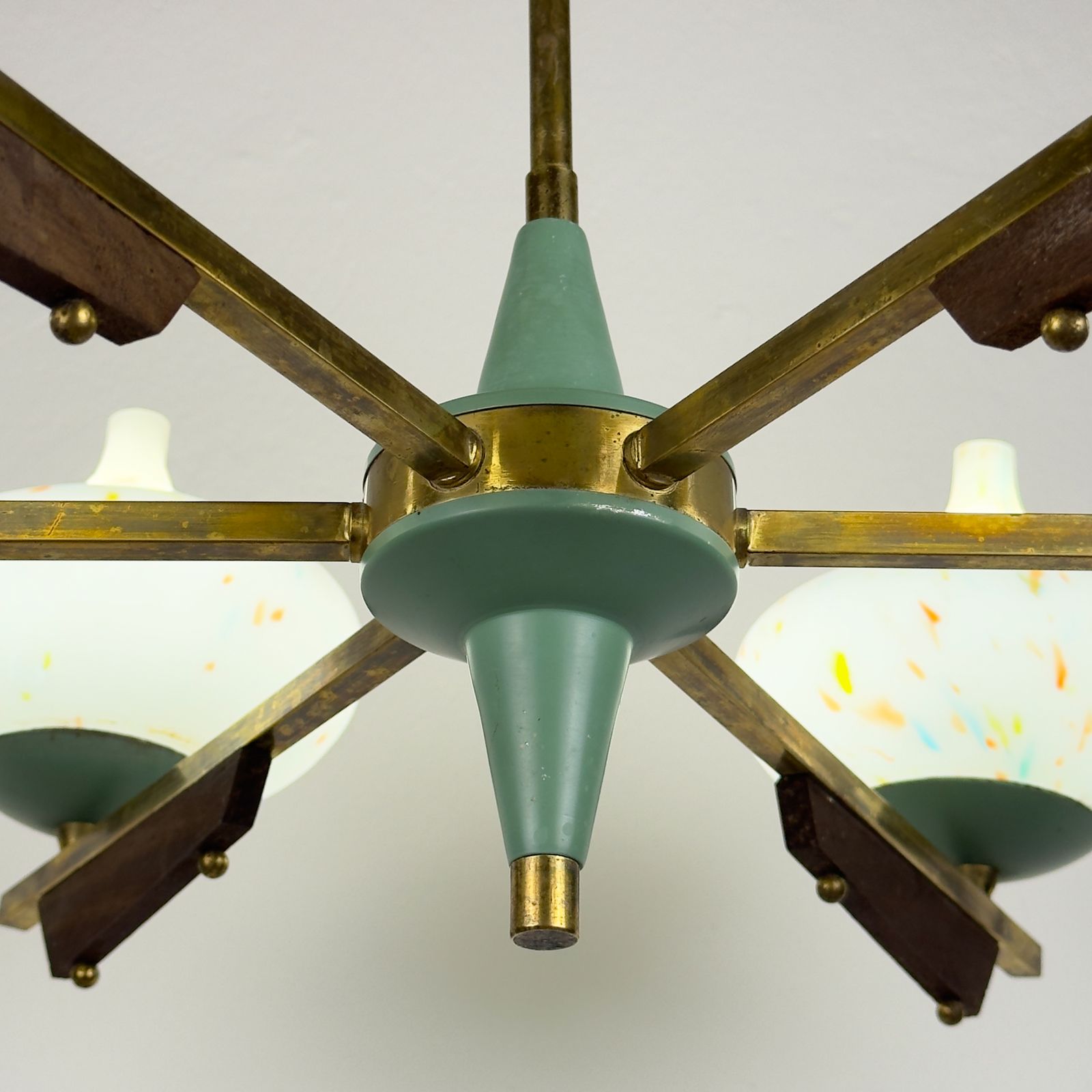 1660.0 Mid Century Stilnovo Chandelier With Teak And Murano Glass, Italy 1940 50s photo