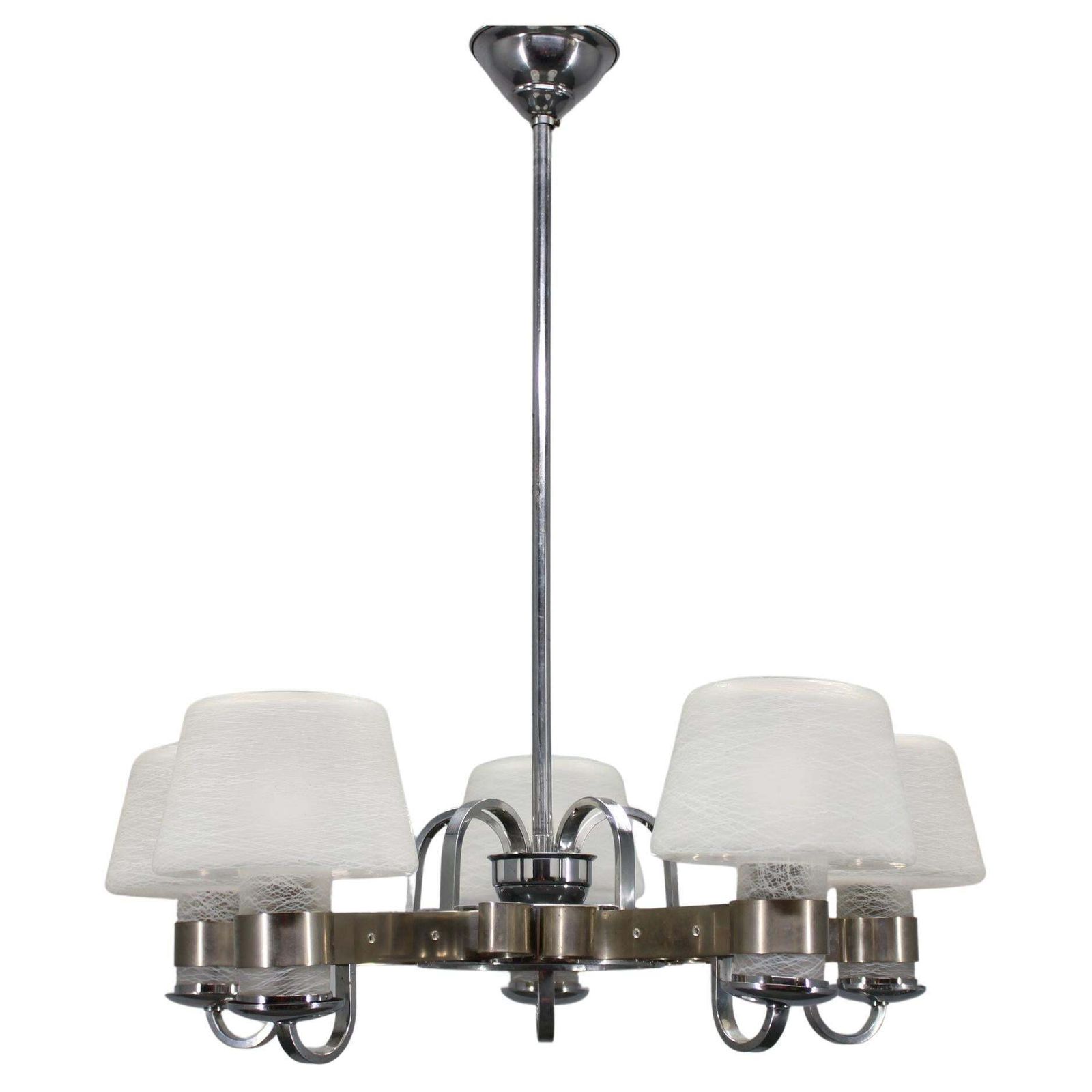 Art Deco Nickel Chandelier With Textured Glass, Czechoslovakia, 1930s