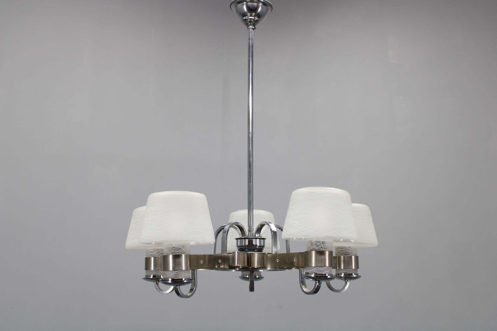 Art Deco Nickel Chandelier With Textured Glass, Czechoslovakia, 1930s photo furniture