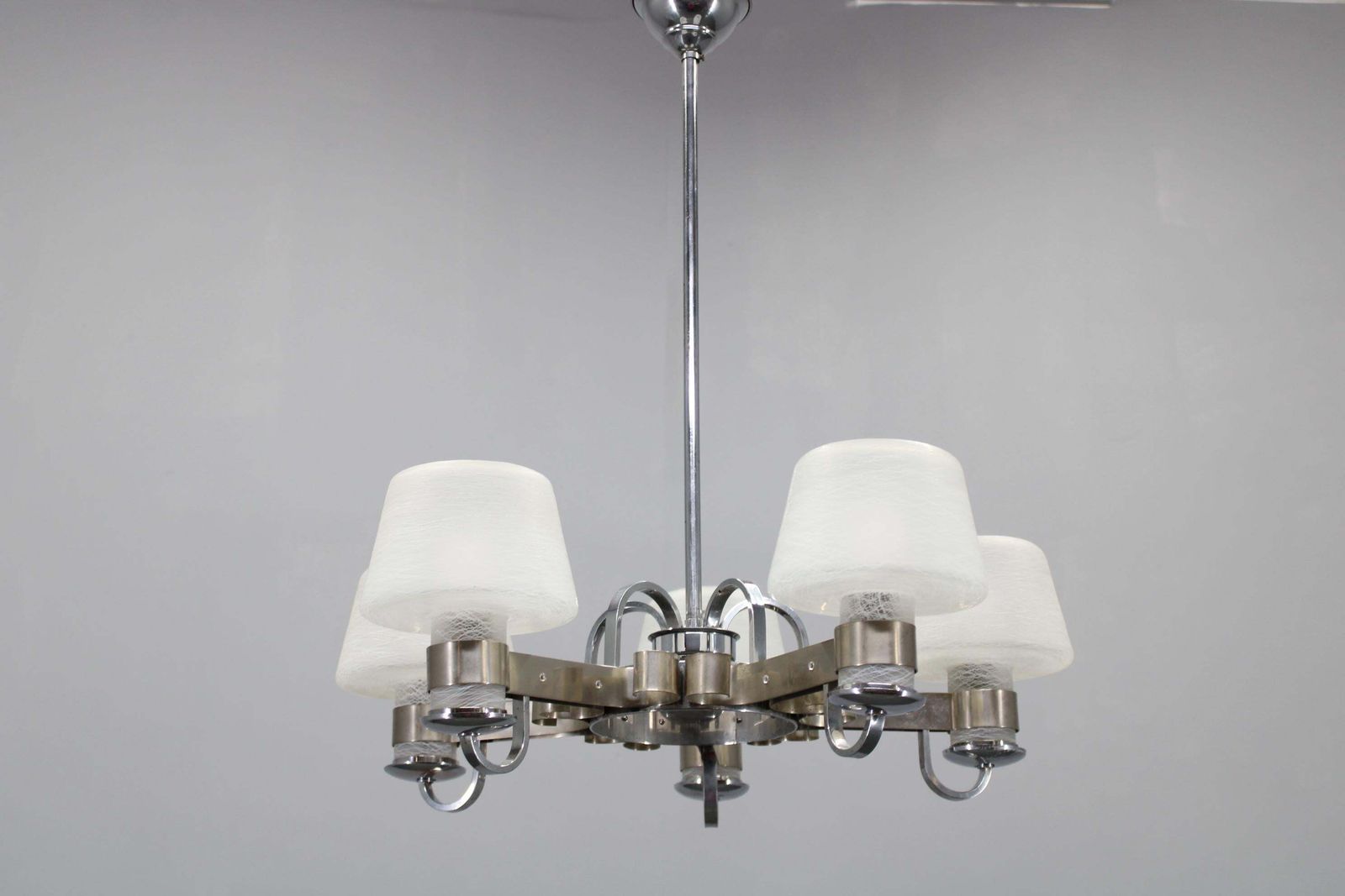 Art Deco Nickel Chandelier With Textured Glass, Czechoslovakia, 1930s photo for sale