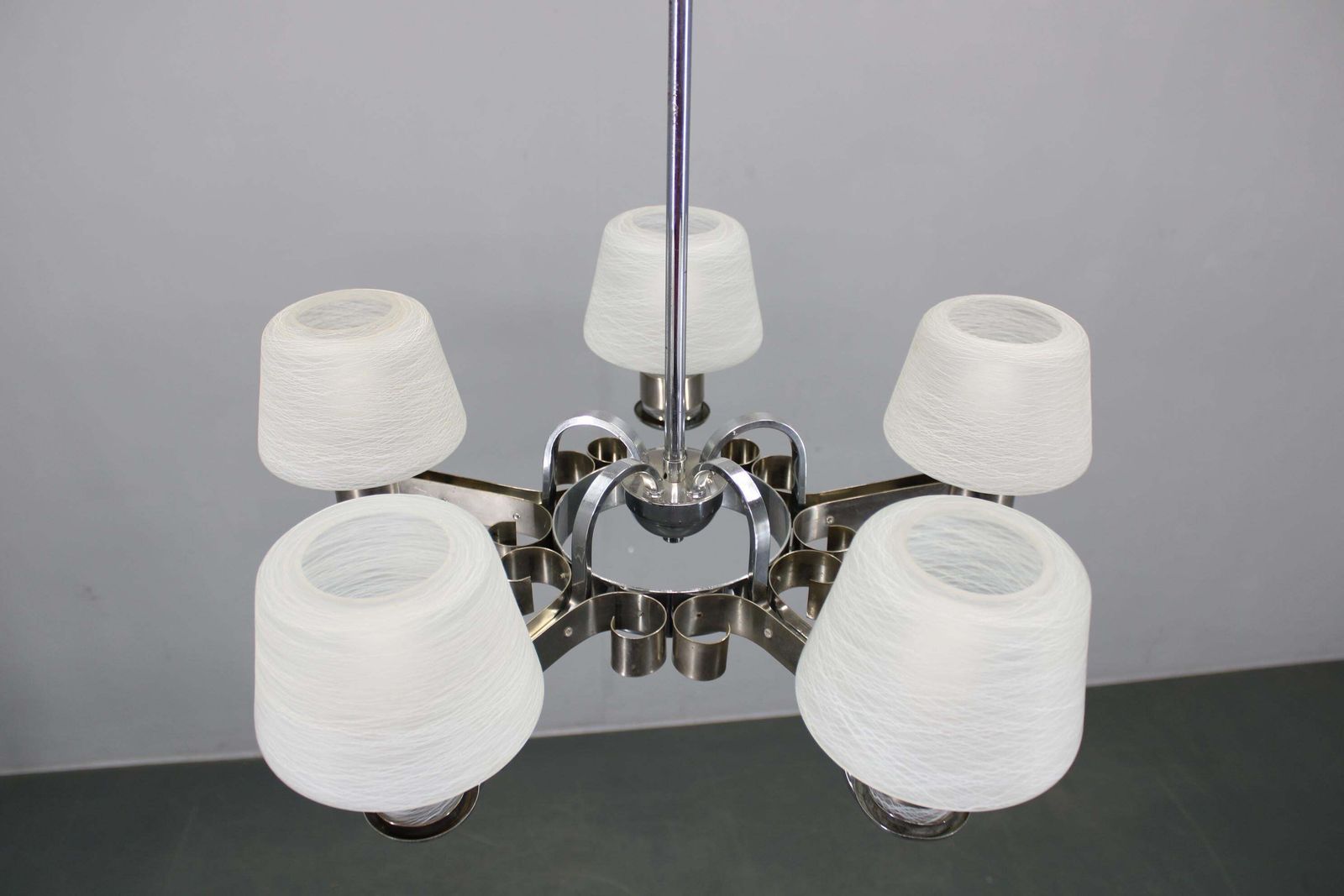 Art Deco Nickel Chandelier With Textured Glass, Czechoslovakia, 1930s photo Lighting