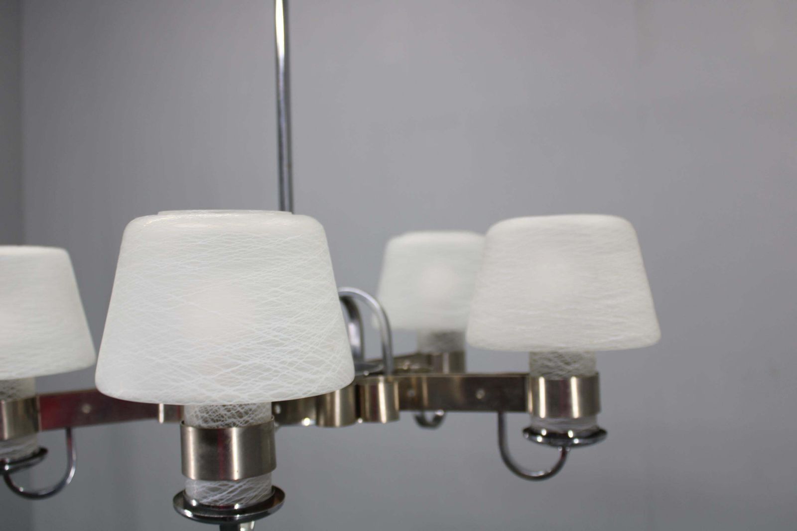 Art Deco Nickel Chandelier With Textured Glass, Czechoslovakia, 1930s photo vintage