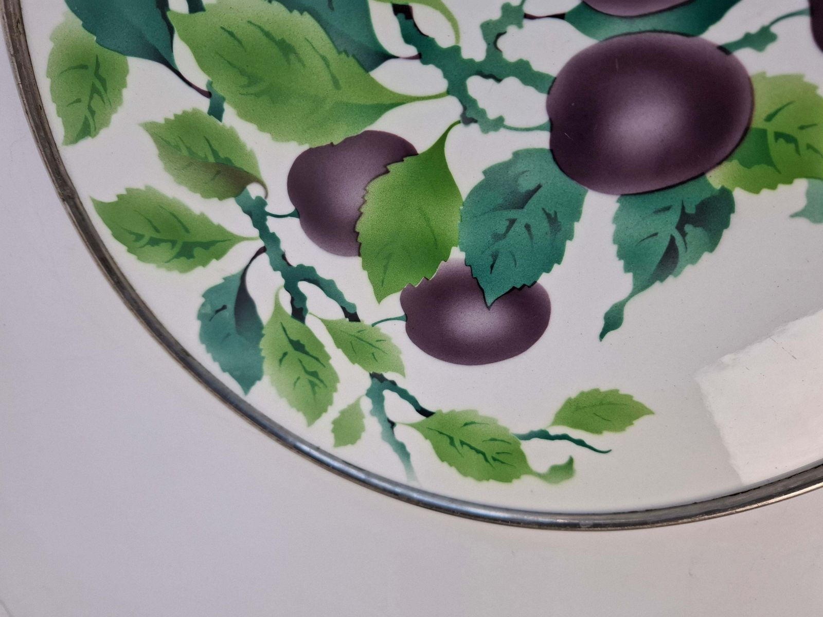 Czechoslovak Art Deco Porcelain Tray With Plum Motif And Metal Rim, 1930s photo for sale