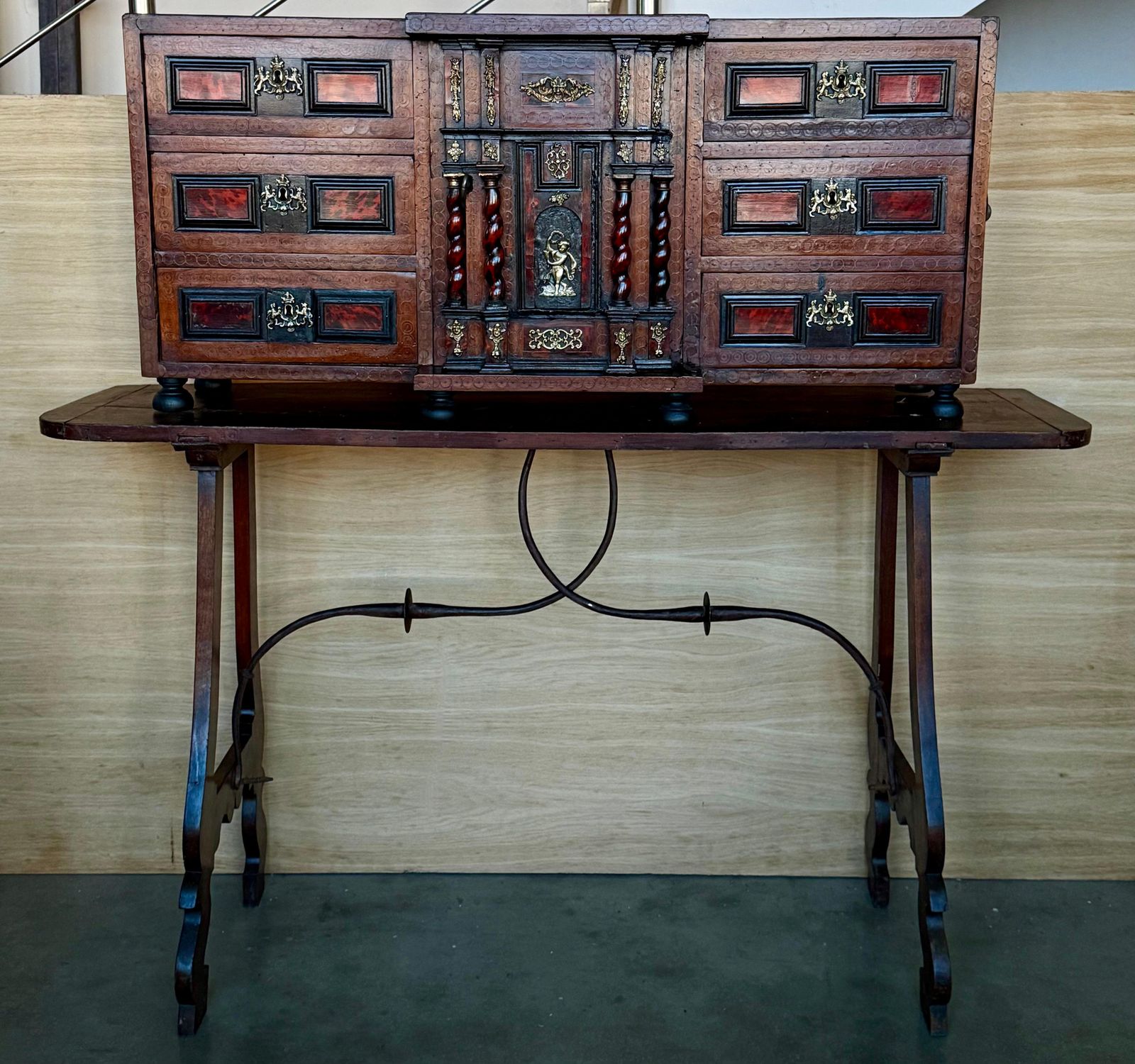 Early 19th Century Spanish Walnut Bargueño Cabinet On Stand With Iron Stretcher photo for sale
