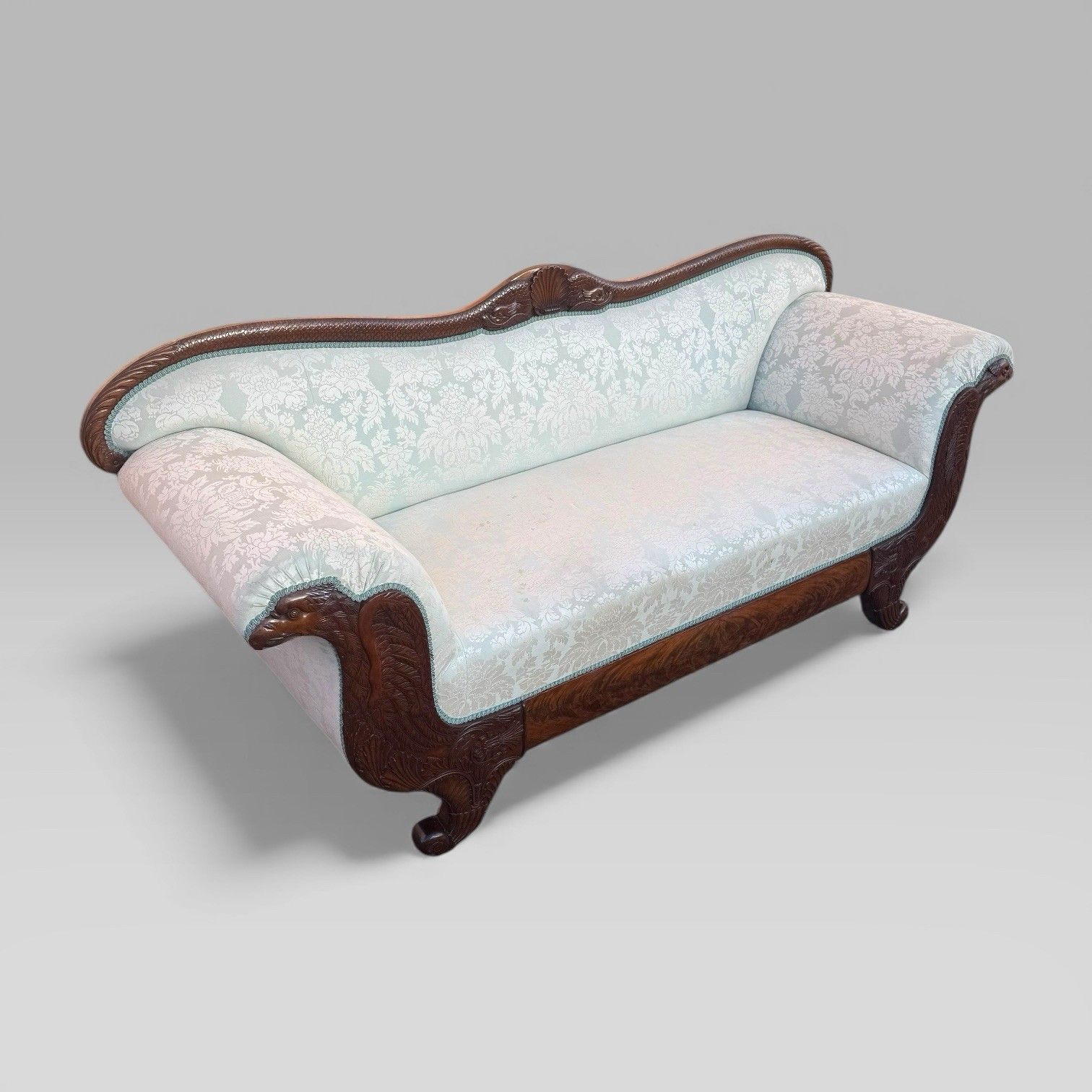 Antique 19th Century French Empire Flame Mahogany Sofa With Carved Details
