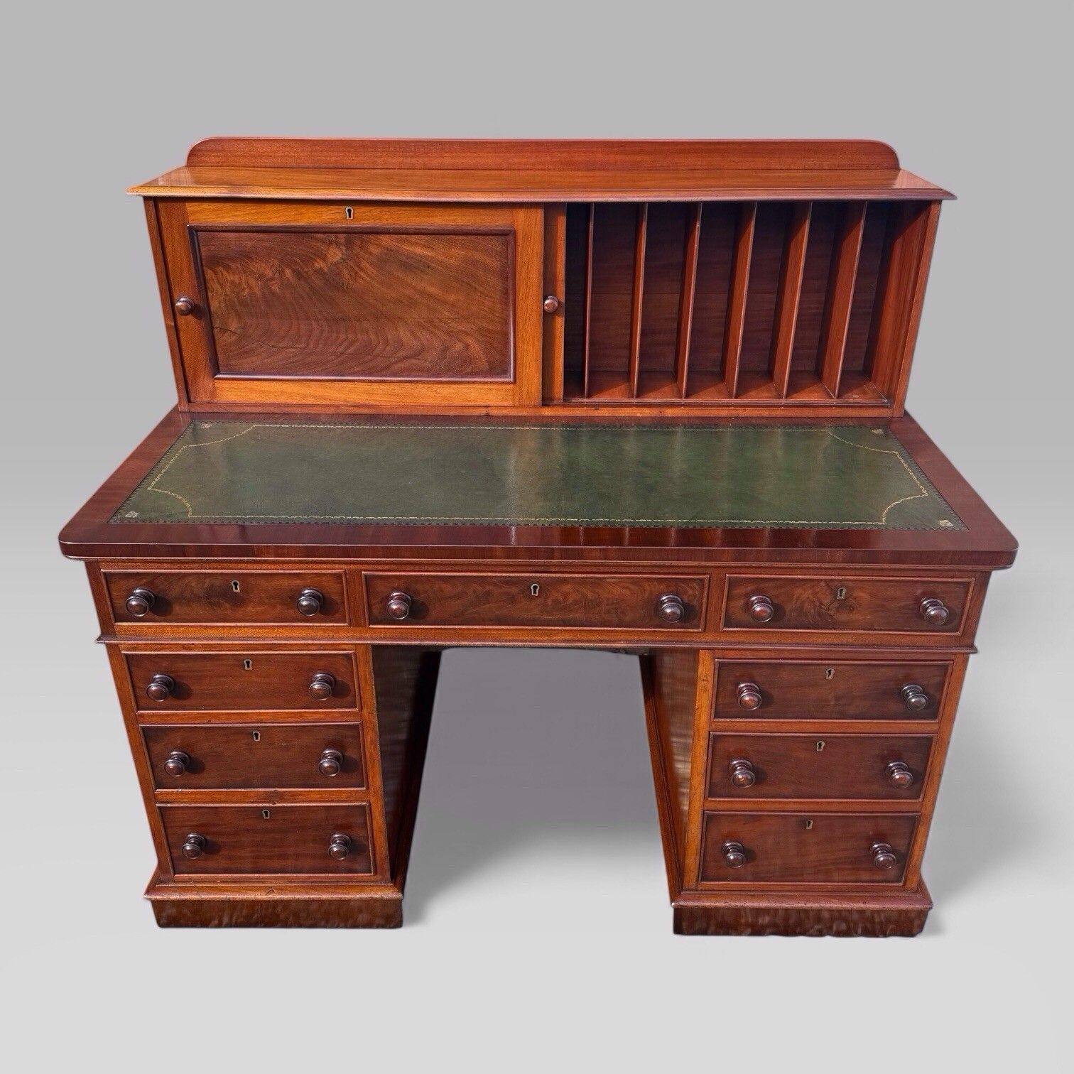 Antique Victorian Mahogany Pedestal Desk – 9 Drawers, Tooled Leather & Cupboard photo Furniture