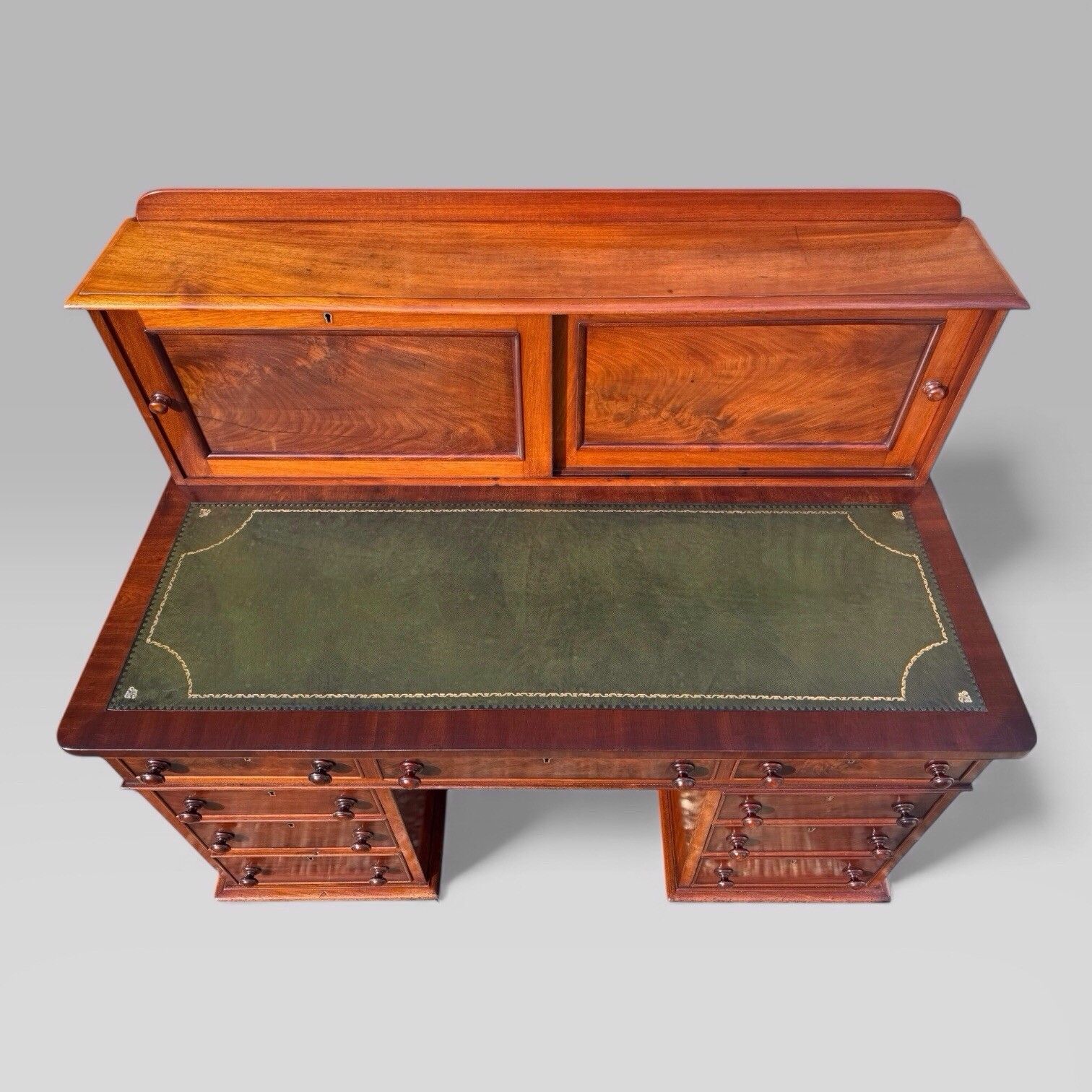 1950.0 Antique Victorian Mahogany Pedestal Desk – 9 Drawers, Tooled Leather & Cupboard photo