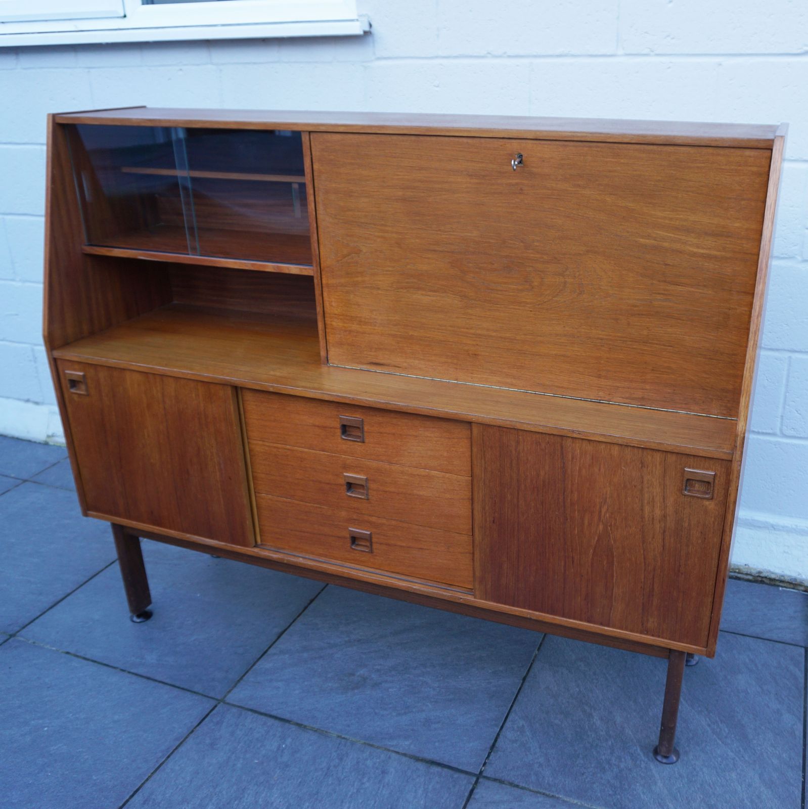 Portwood Mid Century Teak Wood Sideboard Home Bar With Shelving Lockable