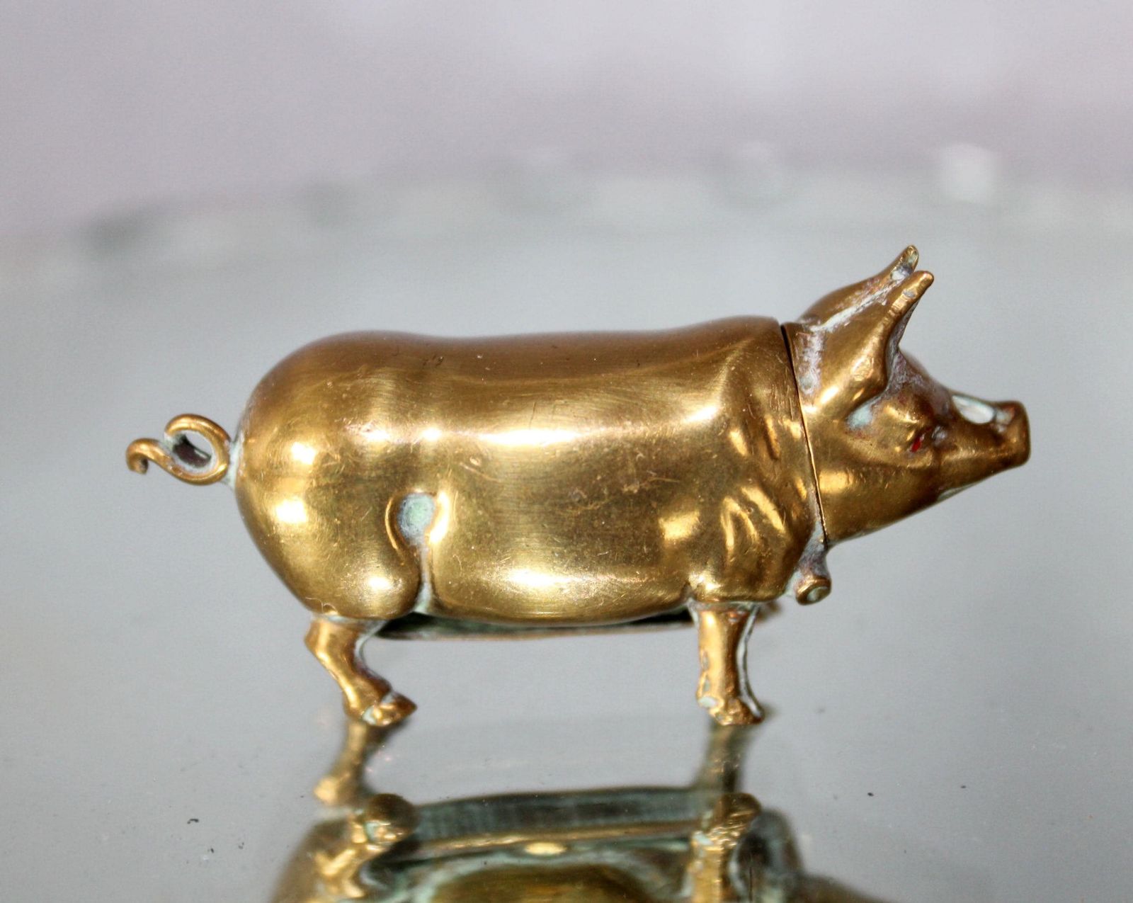 Antique Brass Pig Go To Bed Vesta Case, Match Holder, Night Light, British Victorian Novelty, Match Striker, Hinged, 19th Century