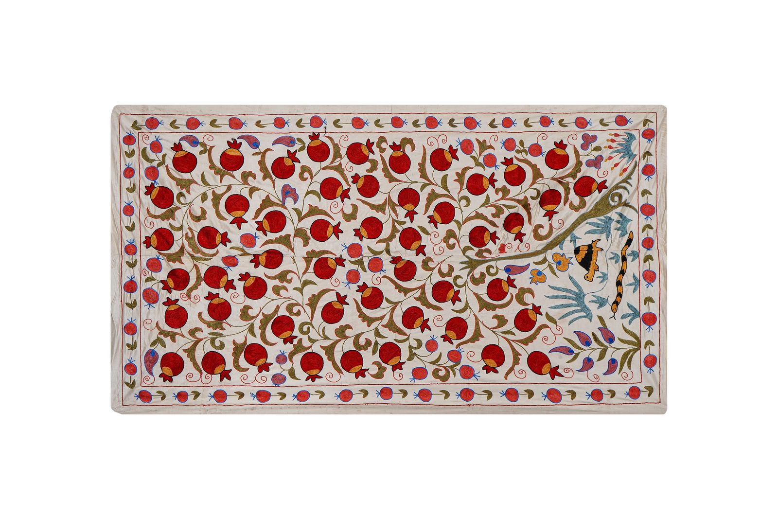 Textiles Red Uzbek Suzani Wall Hanging – Pomegranate & Animal Motif Embroidered Textile '7'5'' X 10'2'' photo