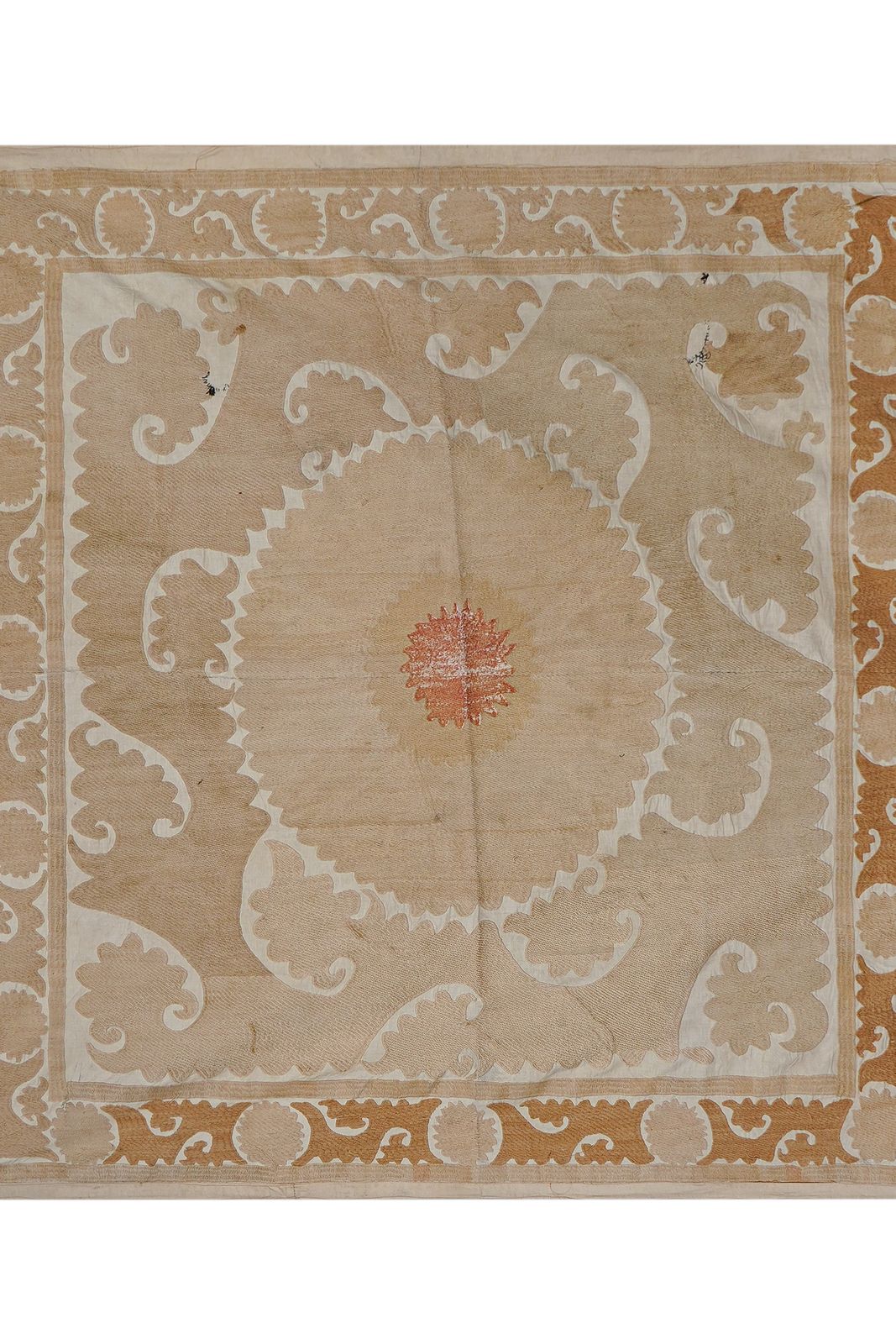 Uzbek Suzani Table Cover, Neutral Beige Hand Embroidered Textile 4'6'' X 4'7'' photo furniture