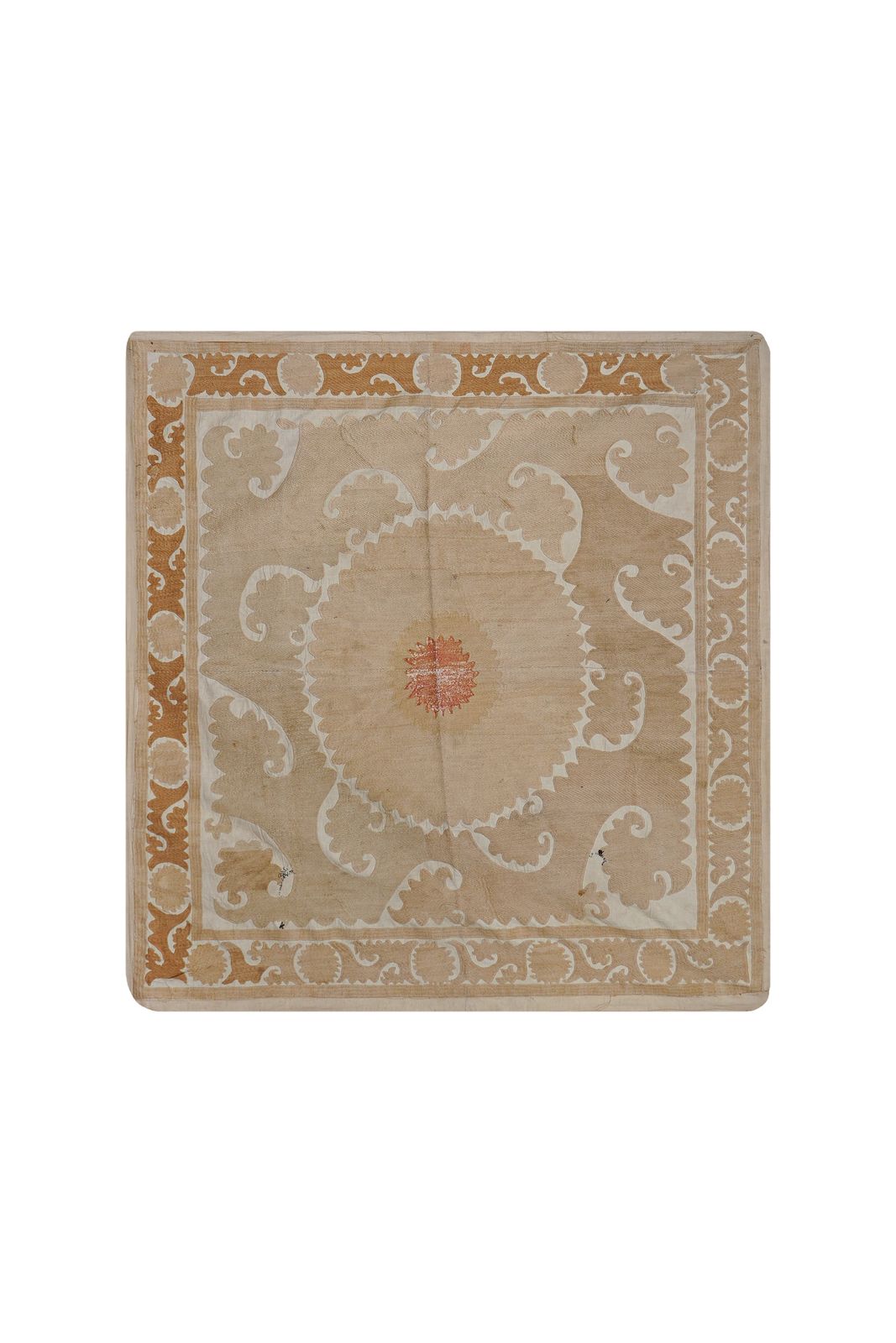 Uzbek Suzani Table Cover, Neutral Beige Hand Embroidered Textile 4'6'' X 4'7'' photo vinterior