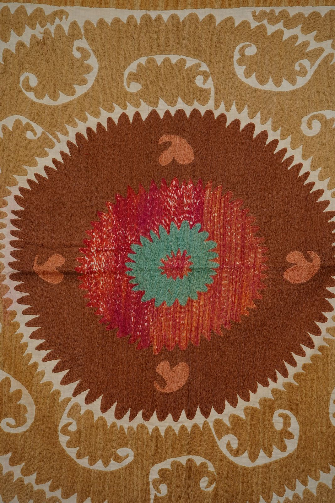 Vintage Suzani Wall Hanging, Mustard Brown Red Green Uzbek Hand Embroidery 4'4'' X 4'7'' photo furniture