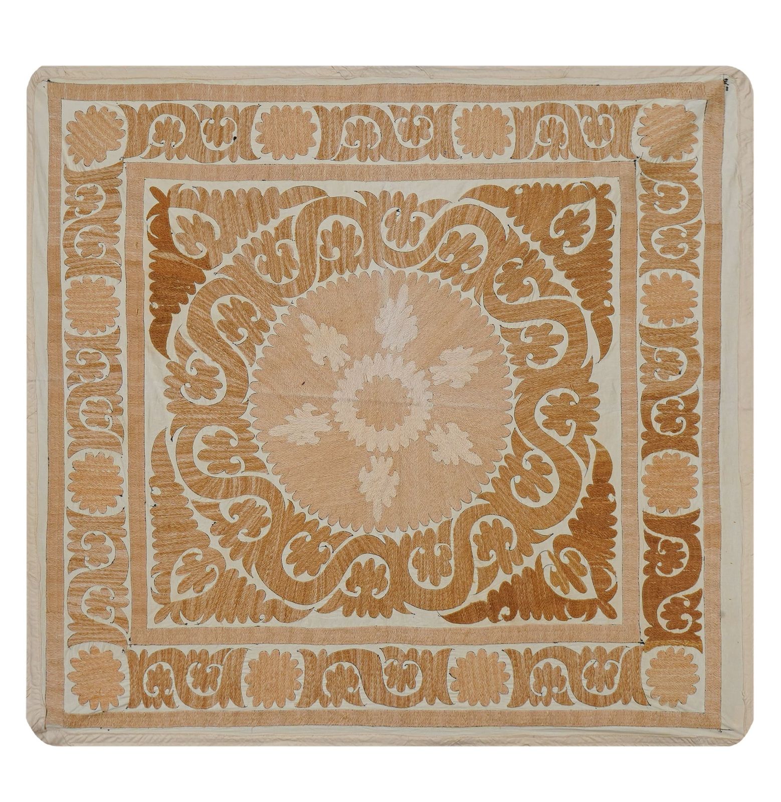Uzbek Suzani Centerpiece Fabric, Hand Embroidered Table Textile 4'4'' X 4'5''