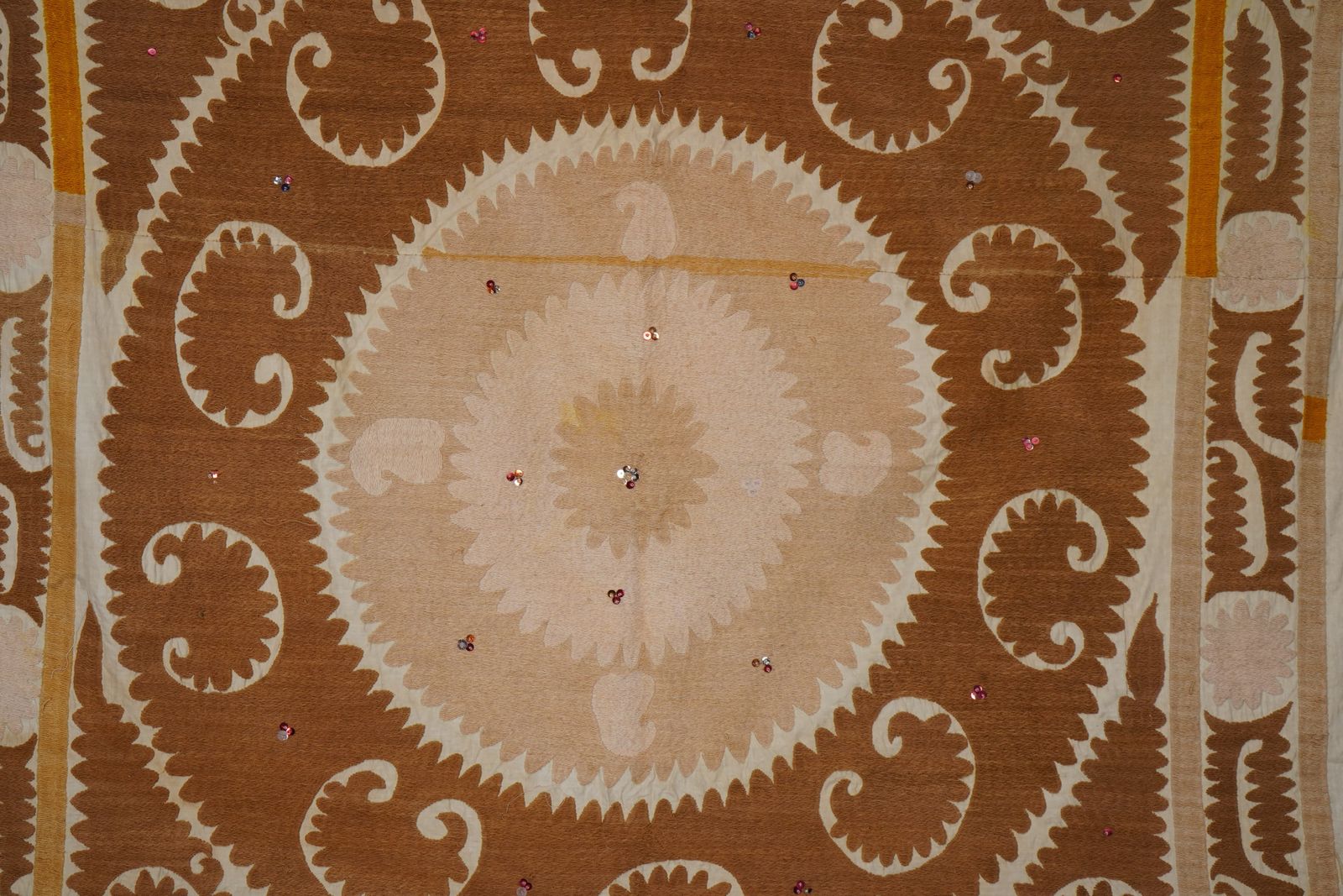 Suzani Wall Hanging Decor   Brown Pink Suzani Table Cloth   Uzbek Embroidery Neutral Textile 4'4'' X 4'4'' photo for sale