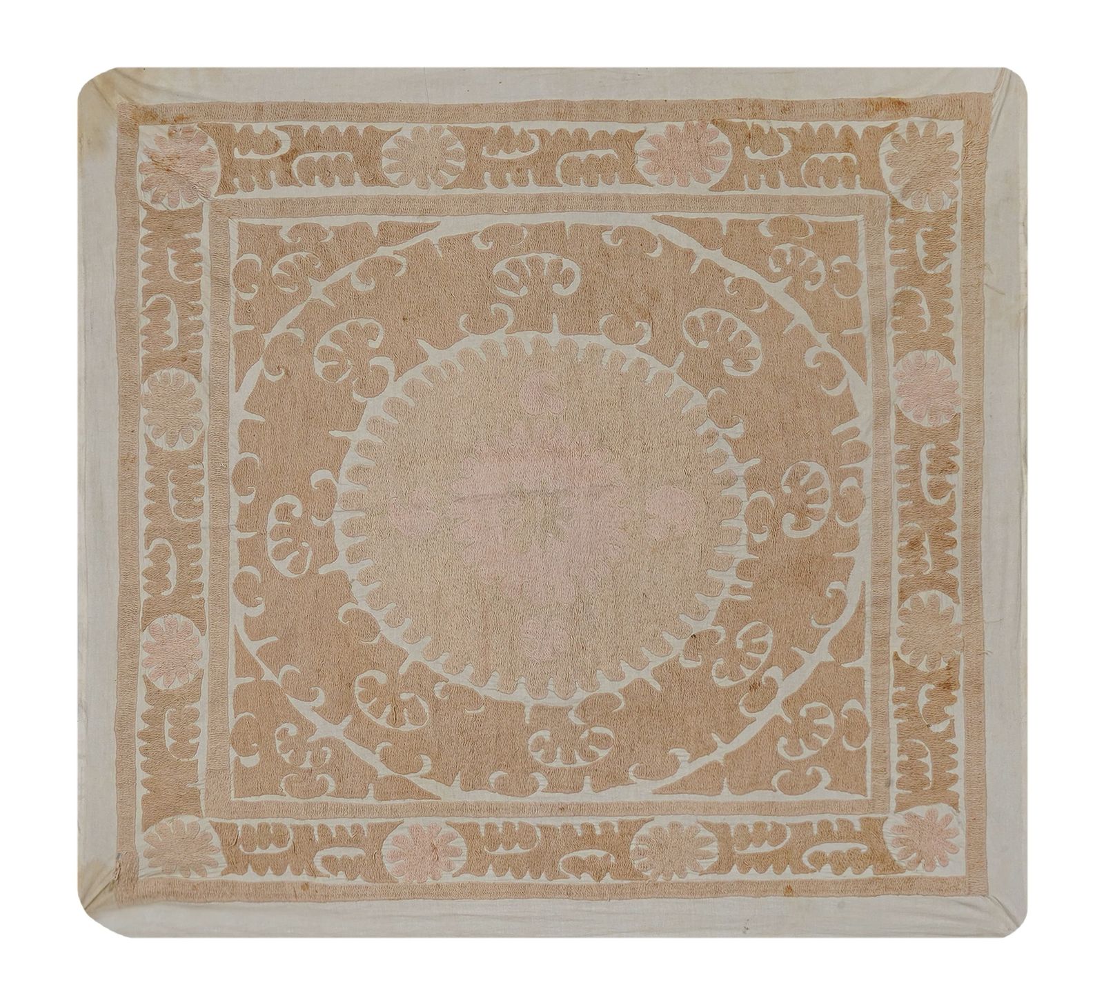 Minimal Neutral Suzani Textile, Beige Uzbek Table Cover Decor 4'4'' X 4'4''
