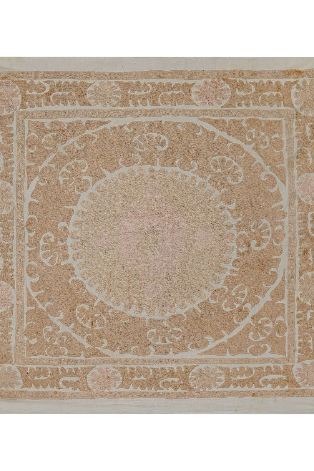 Minimal Neutral Suzani Textile, Beige Uzbek Table Cover Decor 4'4'' X 4'4'' photo furniture