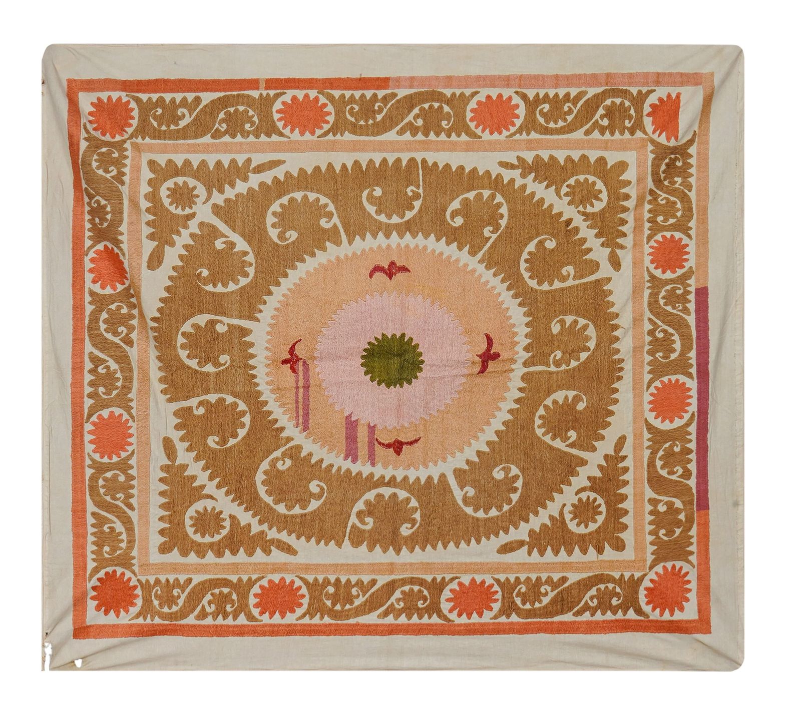 Hand Embroidered Uzbek Suzani Textile, Square Table Cover In Warm Tones 4'1'' X 4'5''