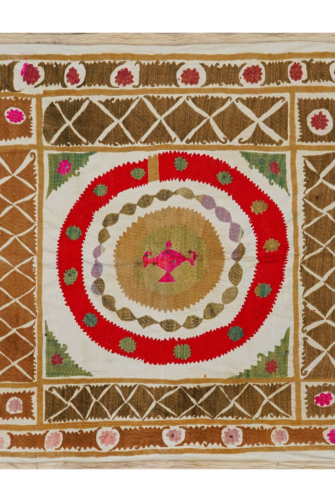 Uzbek Suzani Textile, Red Brown Green Handmade Embroidered Fabric 4'1'' X 4'4'' photo Textiles