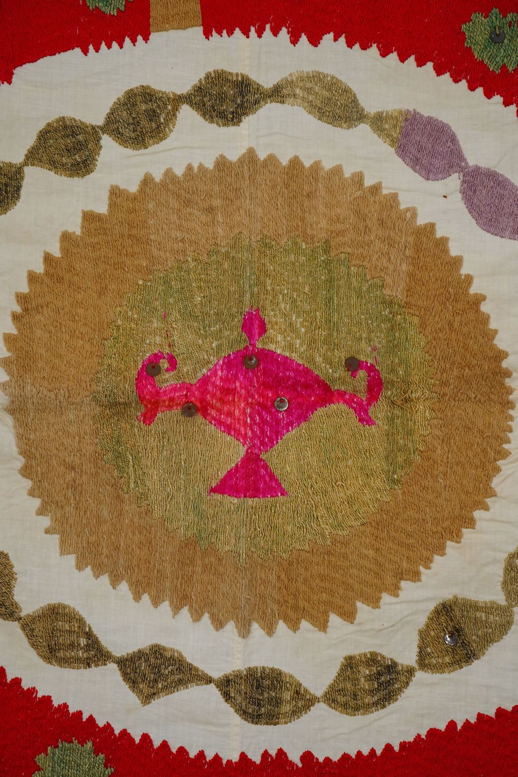 Uzbek Suzani Textile, Red Brown Green Handmade Embroidered Fabric 4'1'' X 4'4'' photo buy