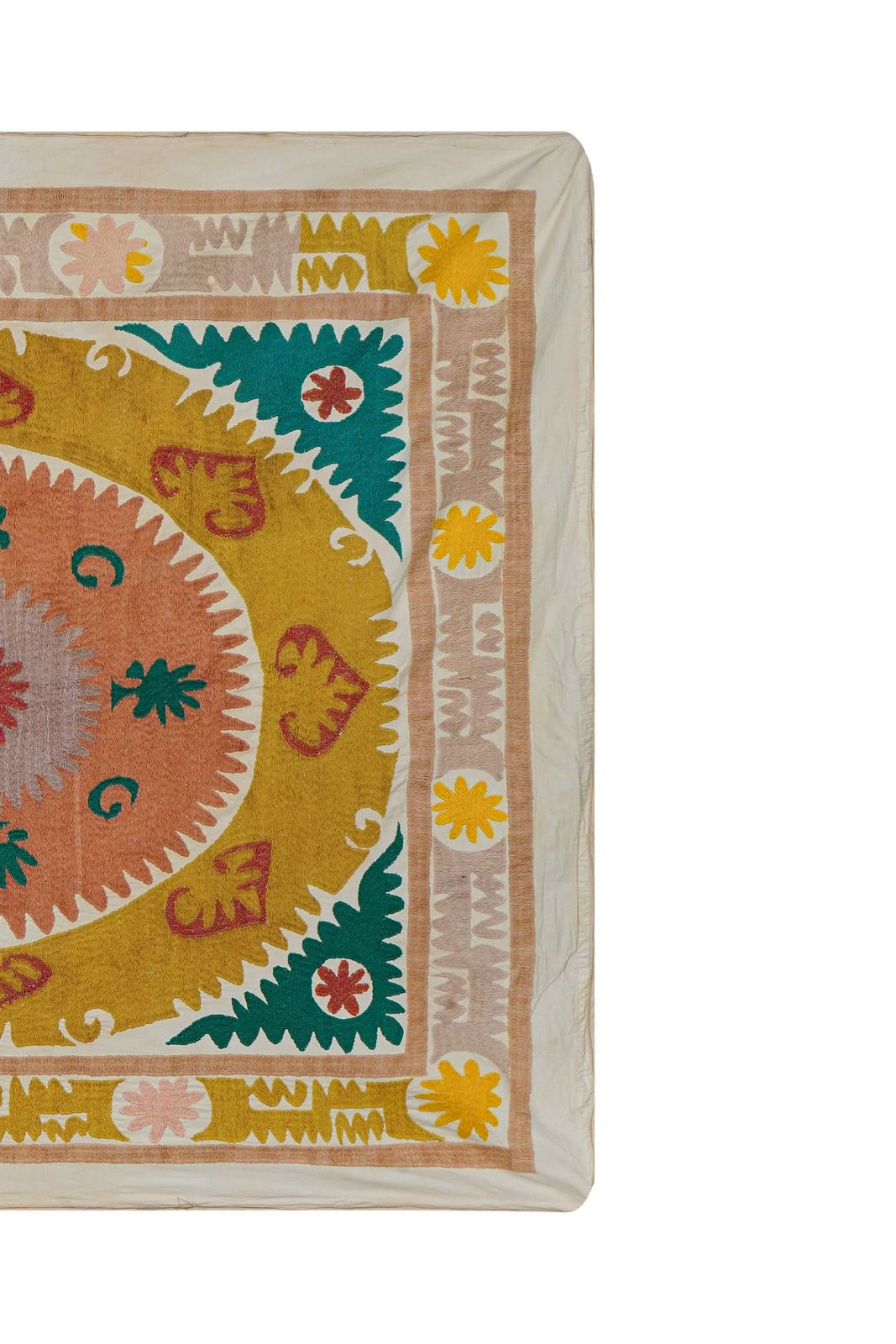 Artisan Suzani Table Cover, Vintage Uzbek Textile In Warm Tones 4'1'' X 4'5'' photo for sale