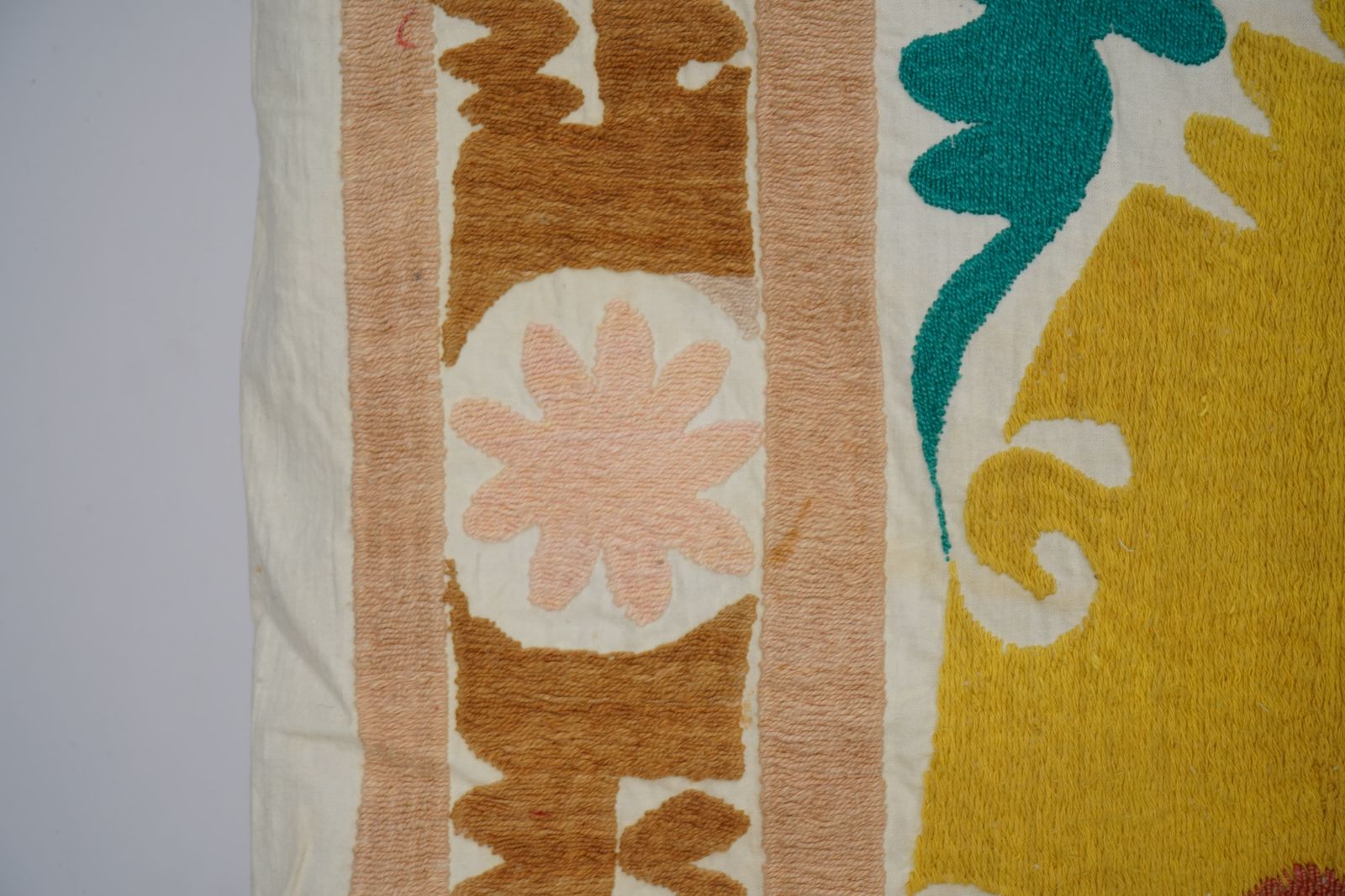 photo furniture Artisan Suzani Table Cover, Vintage Uzbek Textile In Warm Tones 4'1'' X 4'5''
