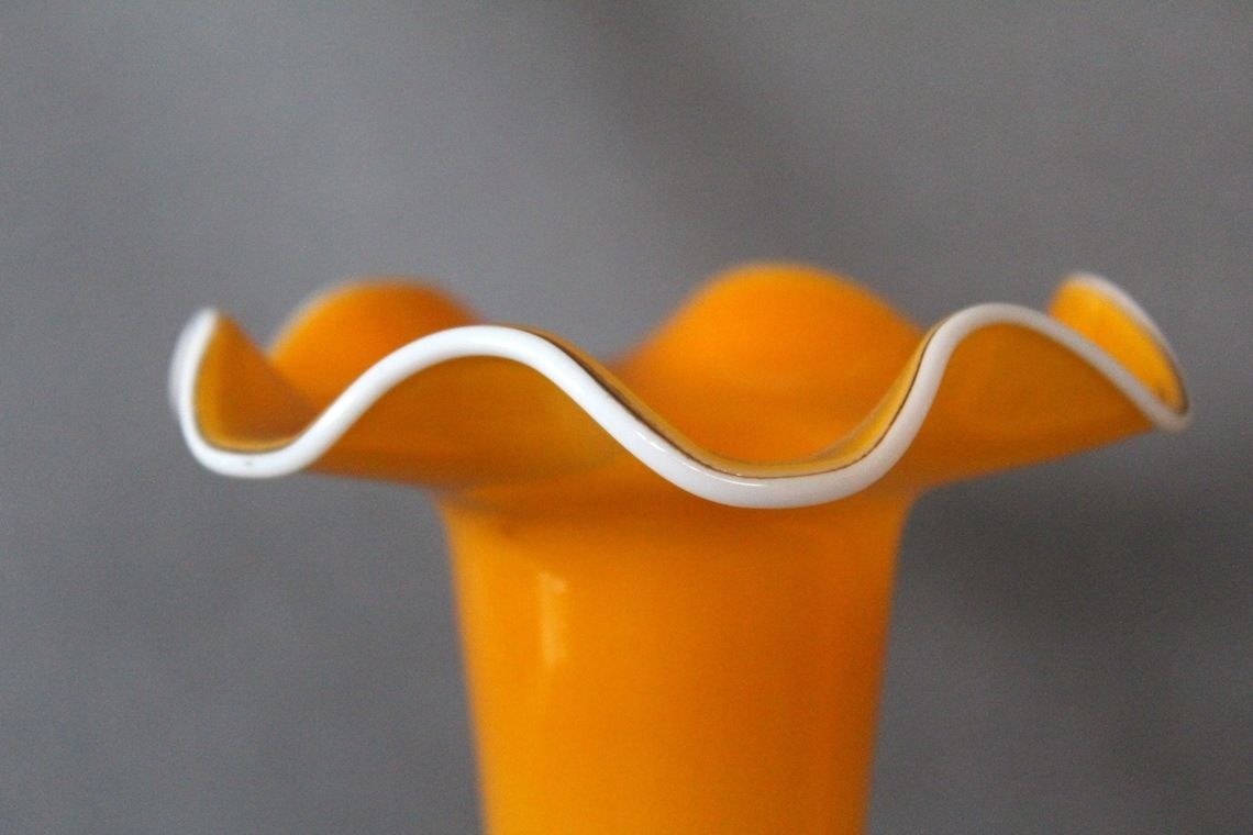Set Of Two Tangerine Tango Glass Vase Trumpet Vase Ruffle Collar Tulip Vase Bright Orange Style Scandinavian Or Bohemian Art Glass photo 87.0