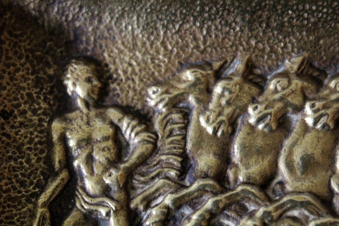 Vintage French Max Le Verrier Bronze Small Tray Pin Tray Vide Poche Signed Greek Mythology Chariot Race Horses Carriage Runner Hercules photo furniture