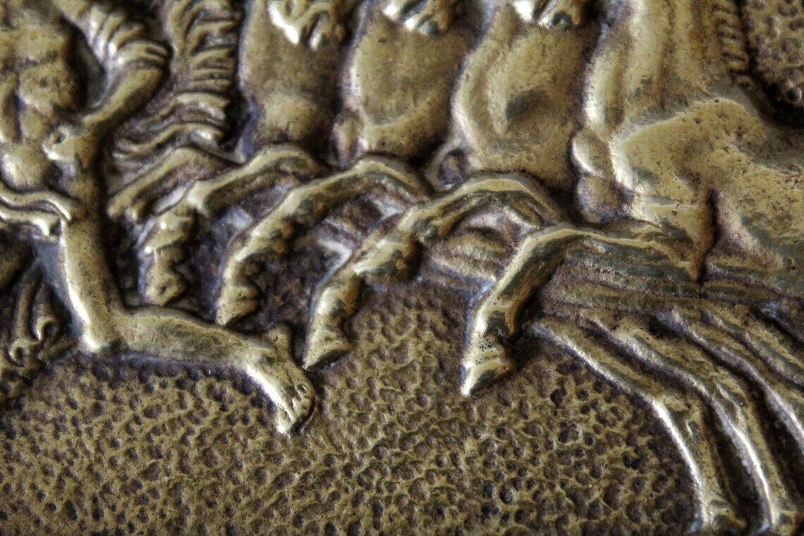 Vintage French Max Le Verrier Bronze Small Tray Pin Tray Vide Poche Signed Greek Mythology Chariot Race Horses Carriage Runner Hercules photo for sale