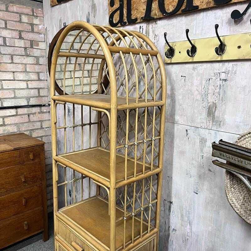 Vintage Bamboo Arched Shelving Unit Drawer Double Cupboard Lattice Back photo vinterior