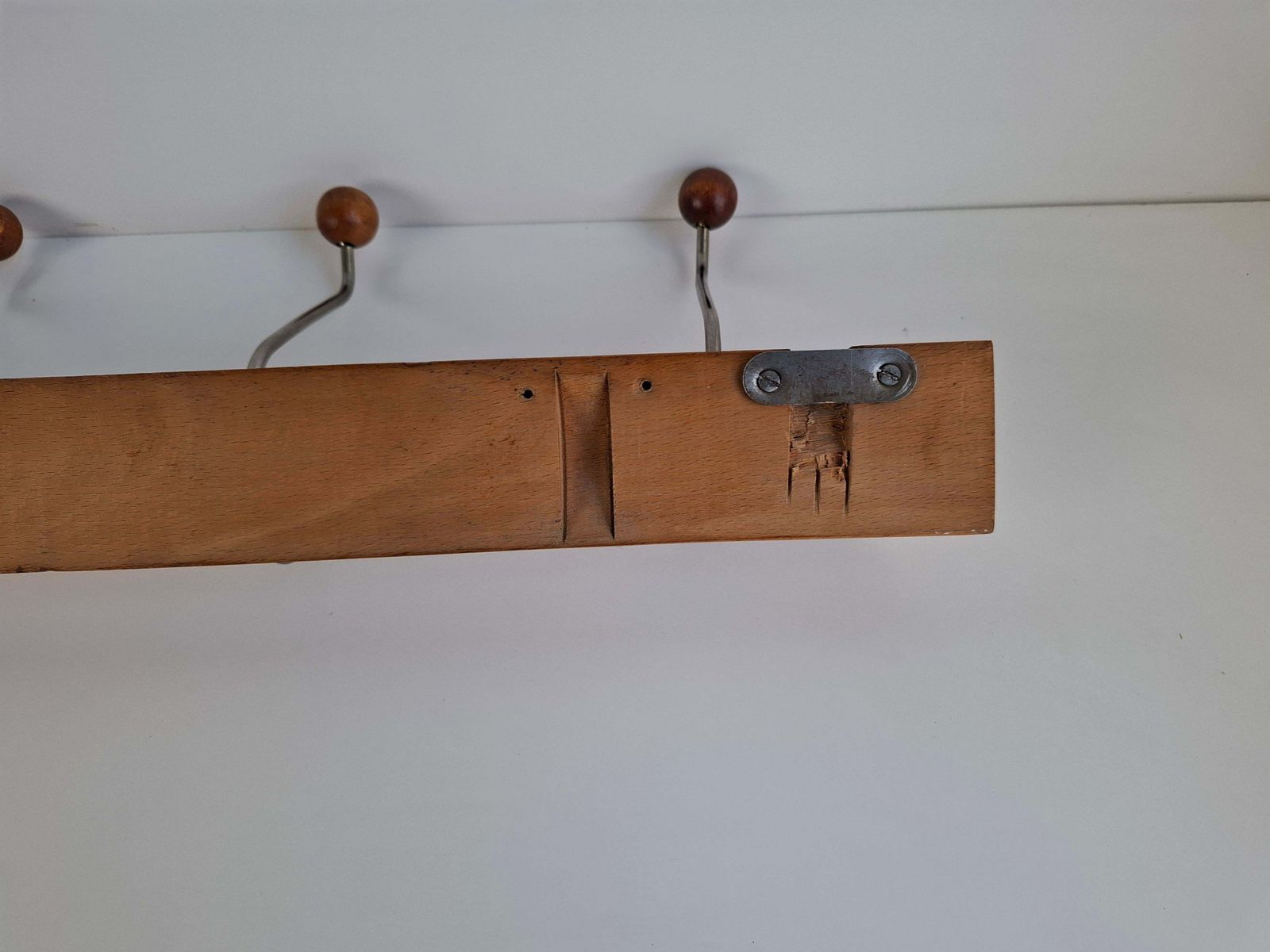 Czechoslovak Midcentury Wooden And Metal Wall Coat Rack, 1960s photo Furniture