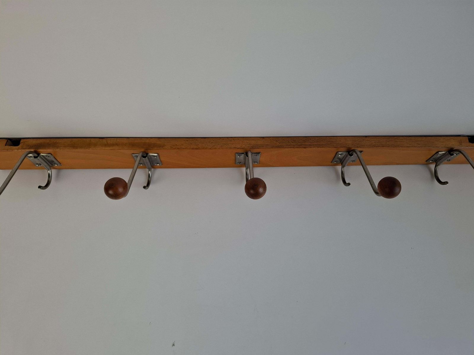Furniture Czechoslovak Midcentury Wooden And Metal Wall Coat Rack, 1960s photo