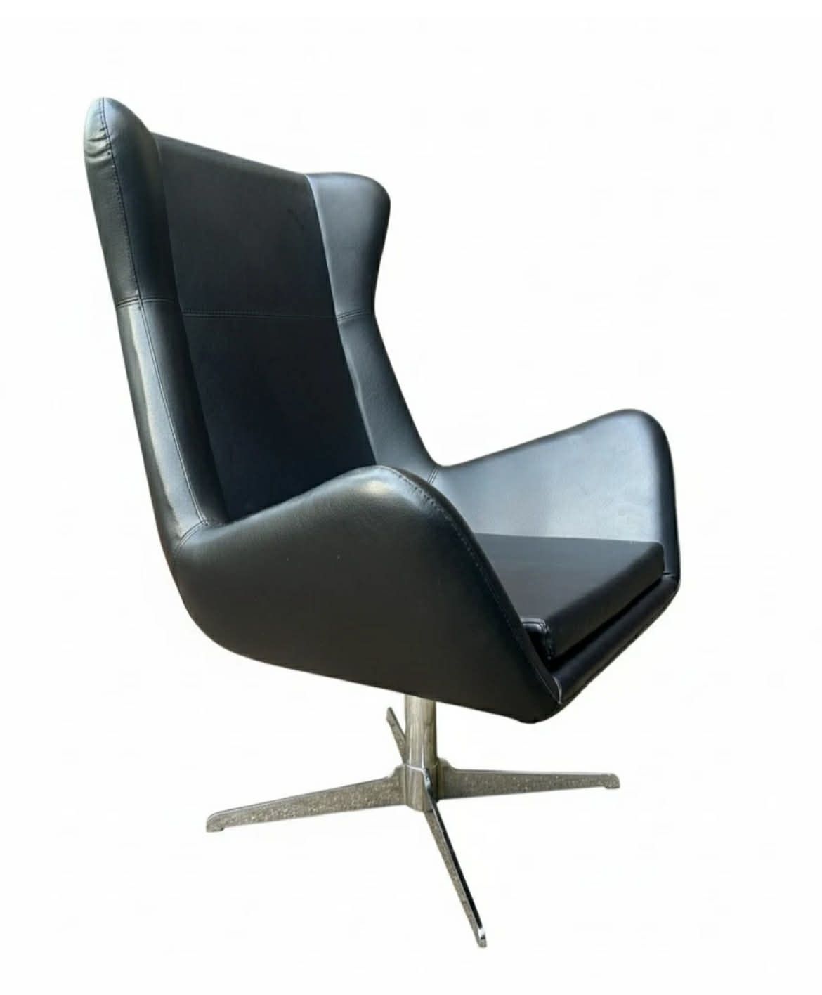 Set Of 6 1970's Vintage Swivel Office Chair, Reupholstered In Black Leather photo vinterior