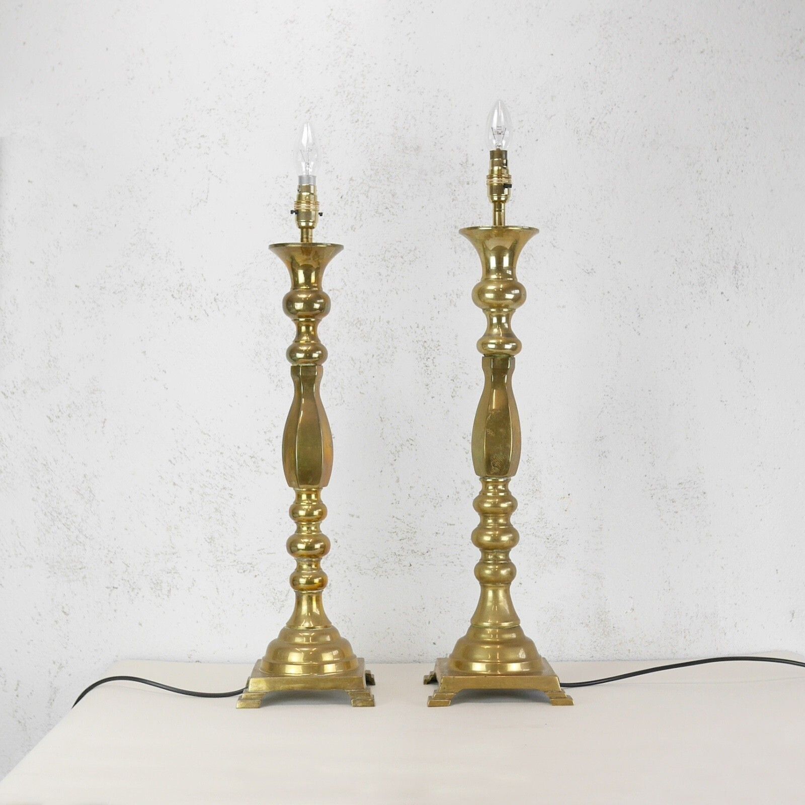 Pair Tall Large Brass Candle Stick Table Lights Lamps Vintage Antique  #103068 photo 340.0