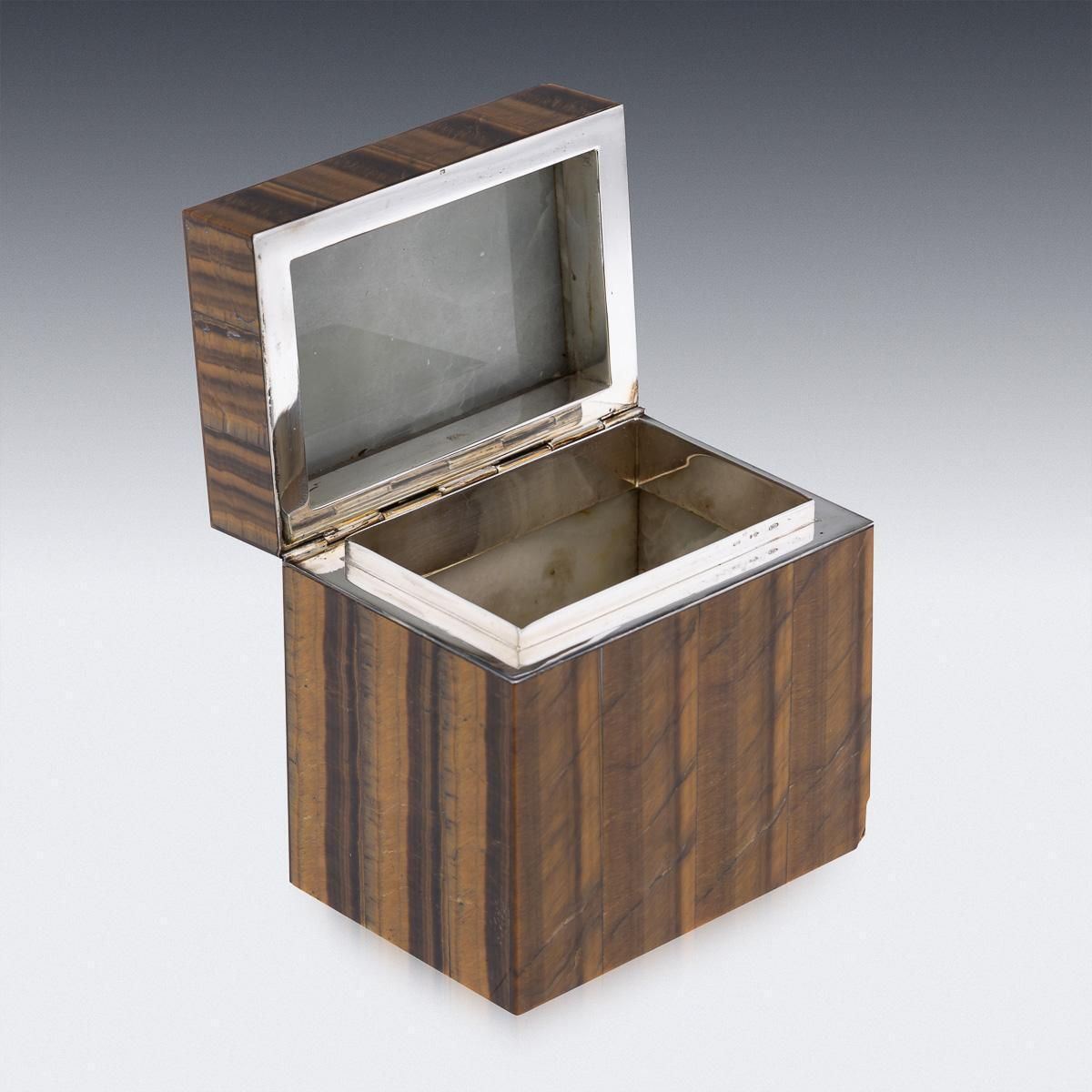 Italian Solid Silver Mounted Box, Tiger's Eye & Agate, 20th Century photo buy