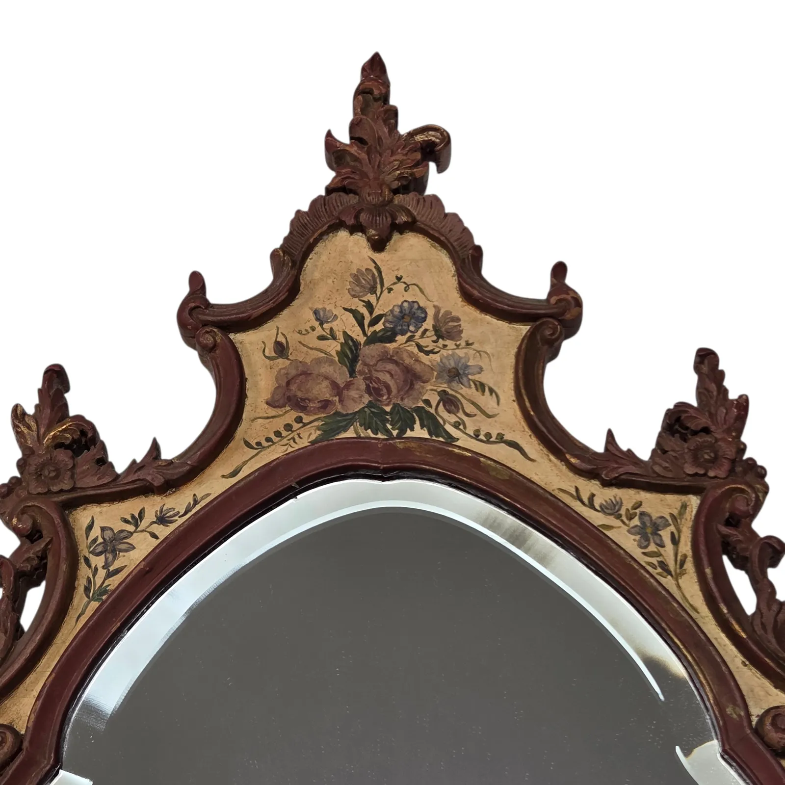 Miroir en bois sculpté peint à la main, verre biseauté, vers 1940 photo vintage