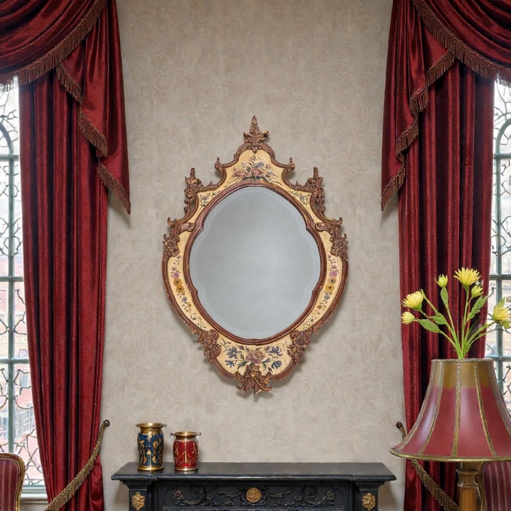 photo furniture Miroir en bois sculpté peint à la main, verre biseauté, vers 1940