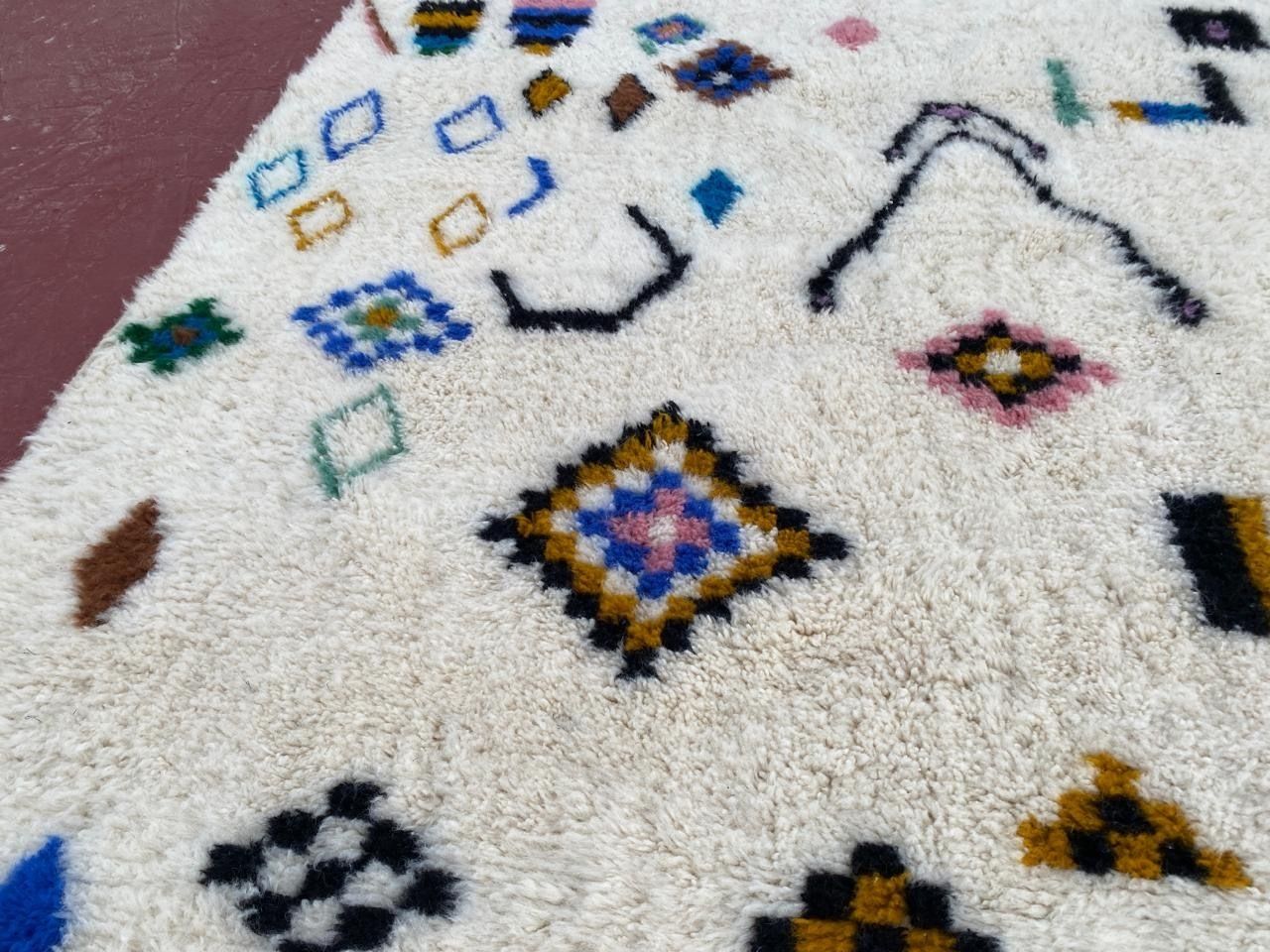 Textiles Handmade Beni Ourain Rug With Colorful Geometric Symbols   Authentic Moroccan Wool   300x200cm photo