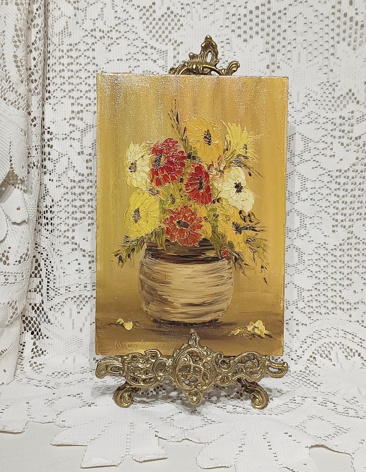 Vintage Floral Oil Painting Still Life Study Impasto Yellow Blooms Signed M.Castle Unframed. photo furniture