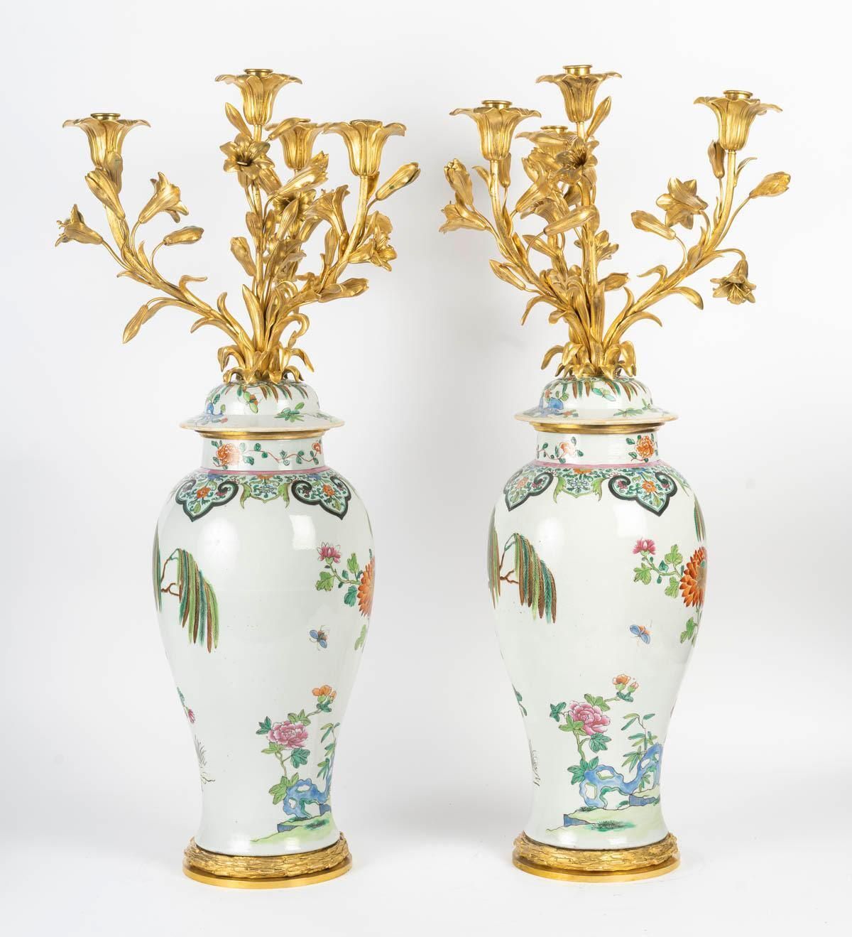Pair Of Chinese Style Porcelain And Gilt Bronze Candelabra, 19th Century photo furniture