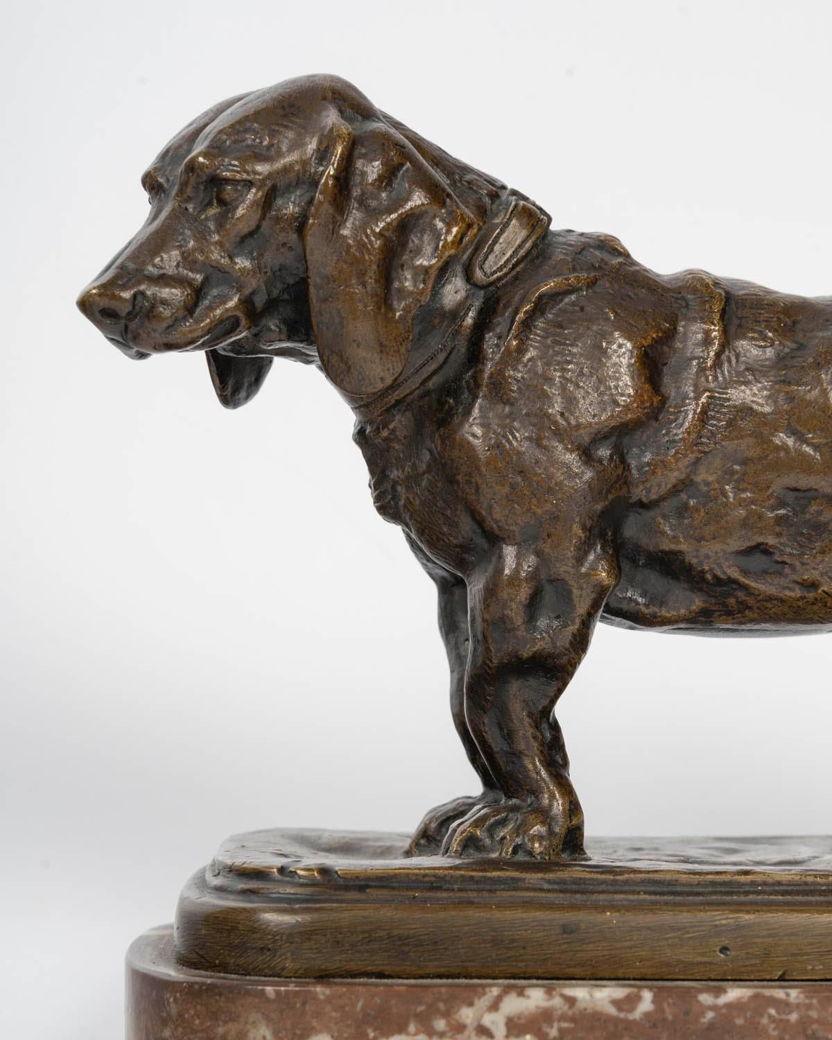 Bronze Sculpture Of A Basset Hound In Patinated Bronze, Signed Barye. photo furniture