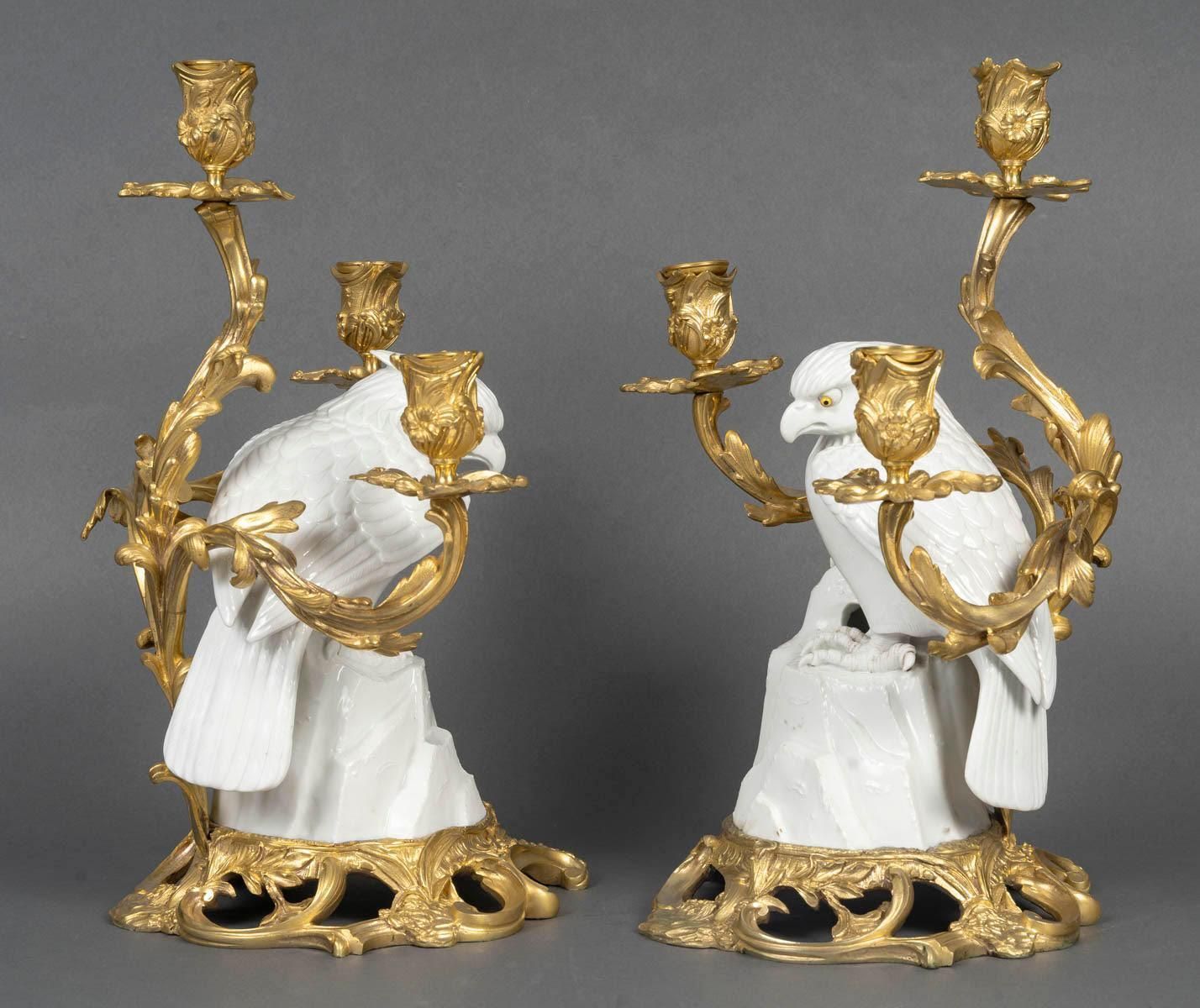 Pair Of Gilt Bronze Candelabras, Falcons In Japanese Porcelain, 19th Century. photo for sale